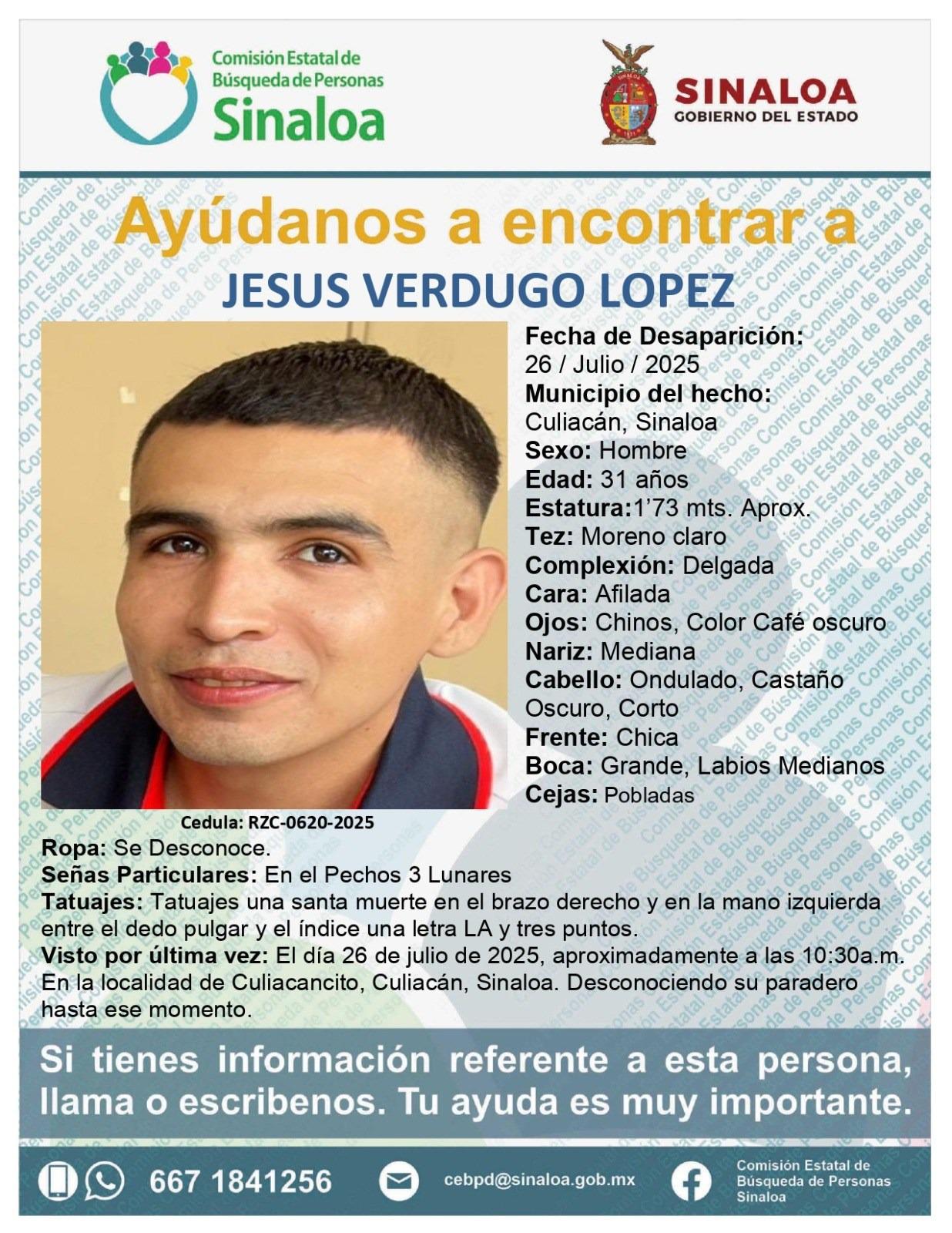 $!Buscan a Jesús Verdugo López, desaparecido en la sindicatura de Culiacancito, Culiacán