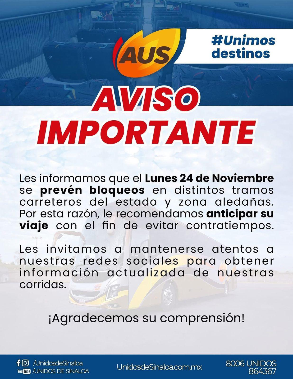 $!Advierten líneas de autobuses de bloqueos previstos para este lunes por protestas del sector agrícola y transportista