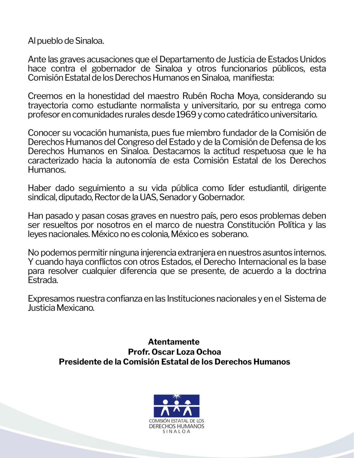 $!CEDH Sinaloa respalda a Rocha y rechaza injerencia extranjera tras acusaciones de EU