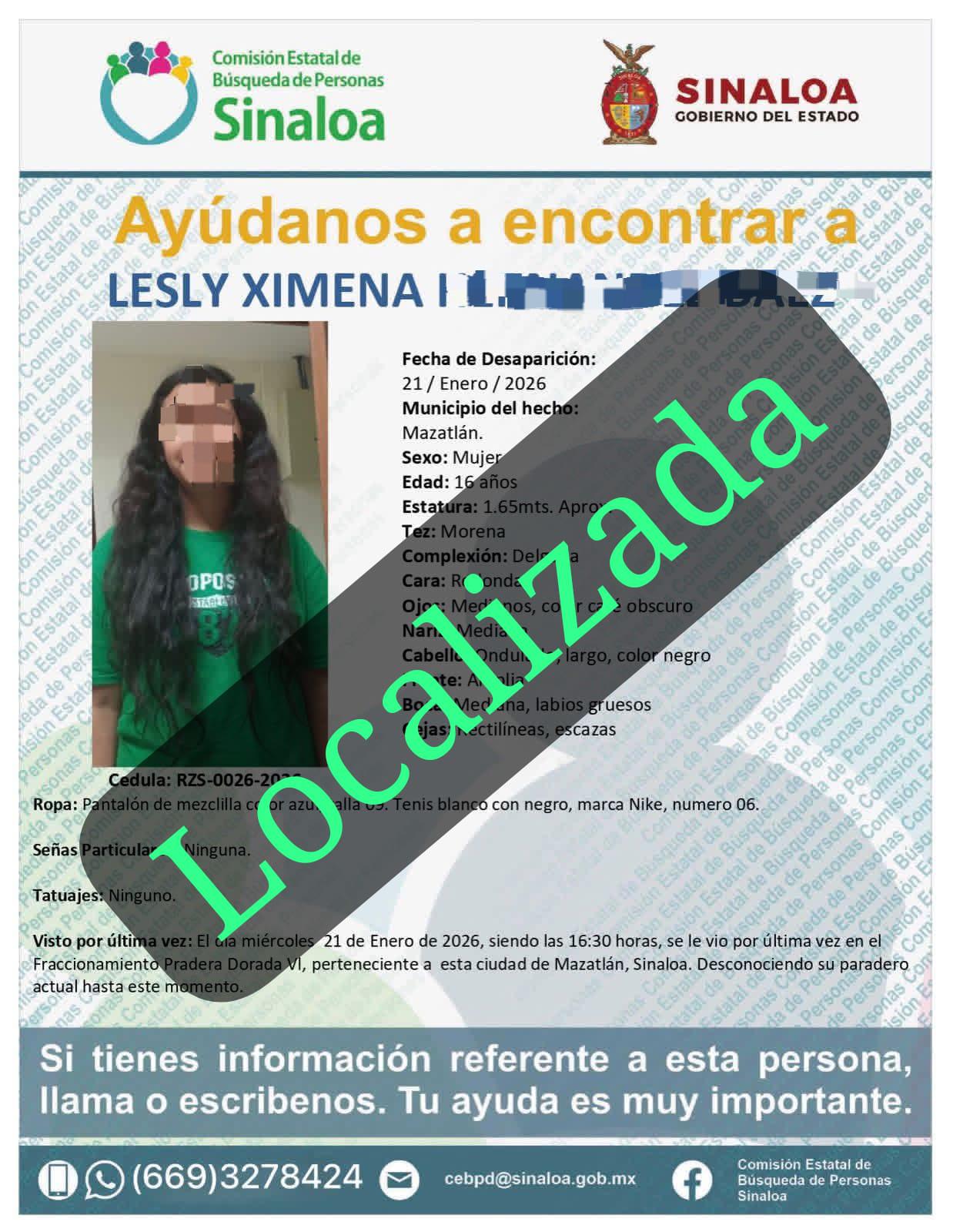 $!Localizan en Mazatlán a menor con ficha de búsqueda activa