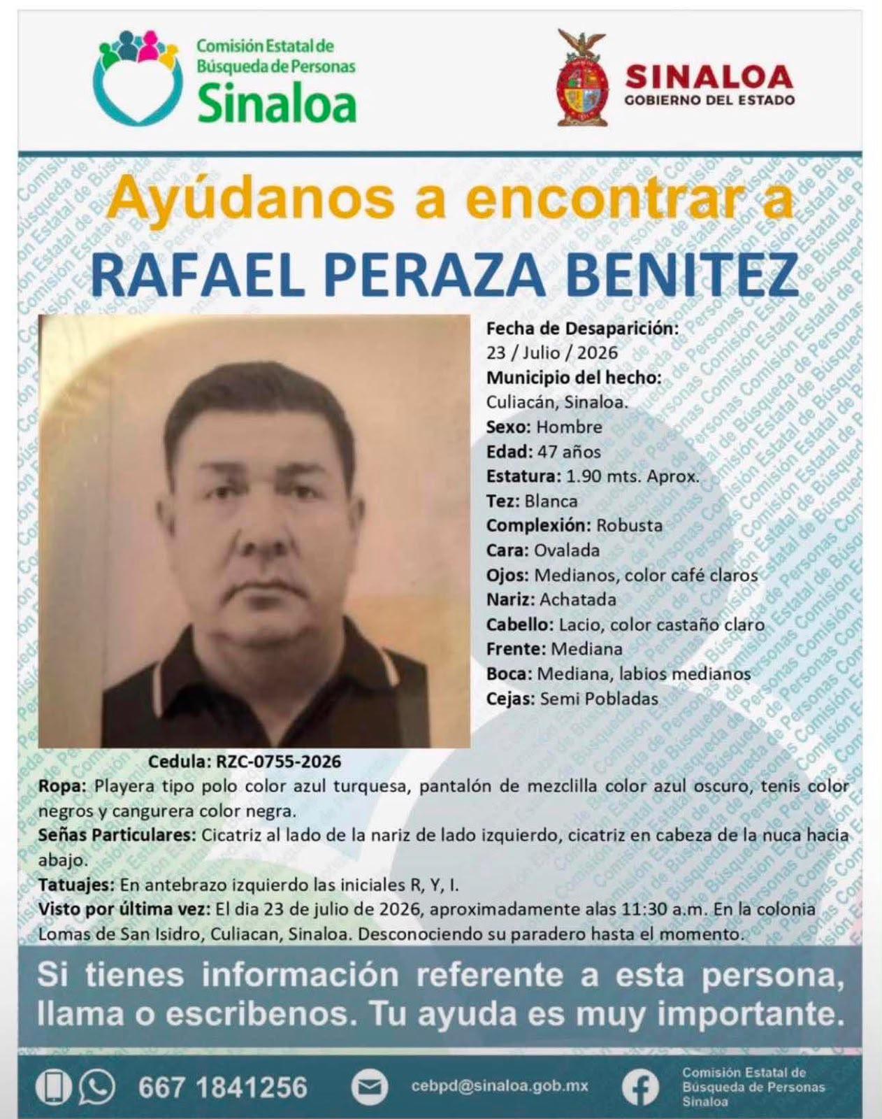 $!Buscan a Rafael Peraza Benítez, desaparecido en Culiacán