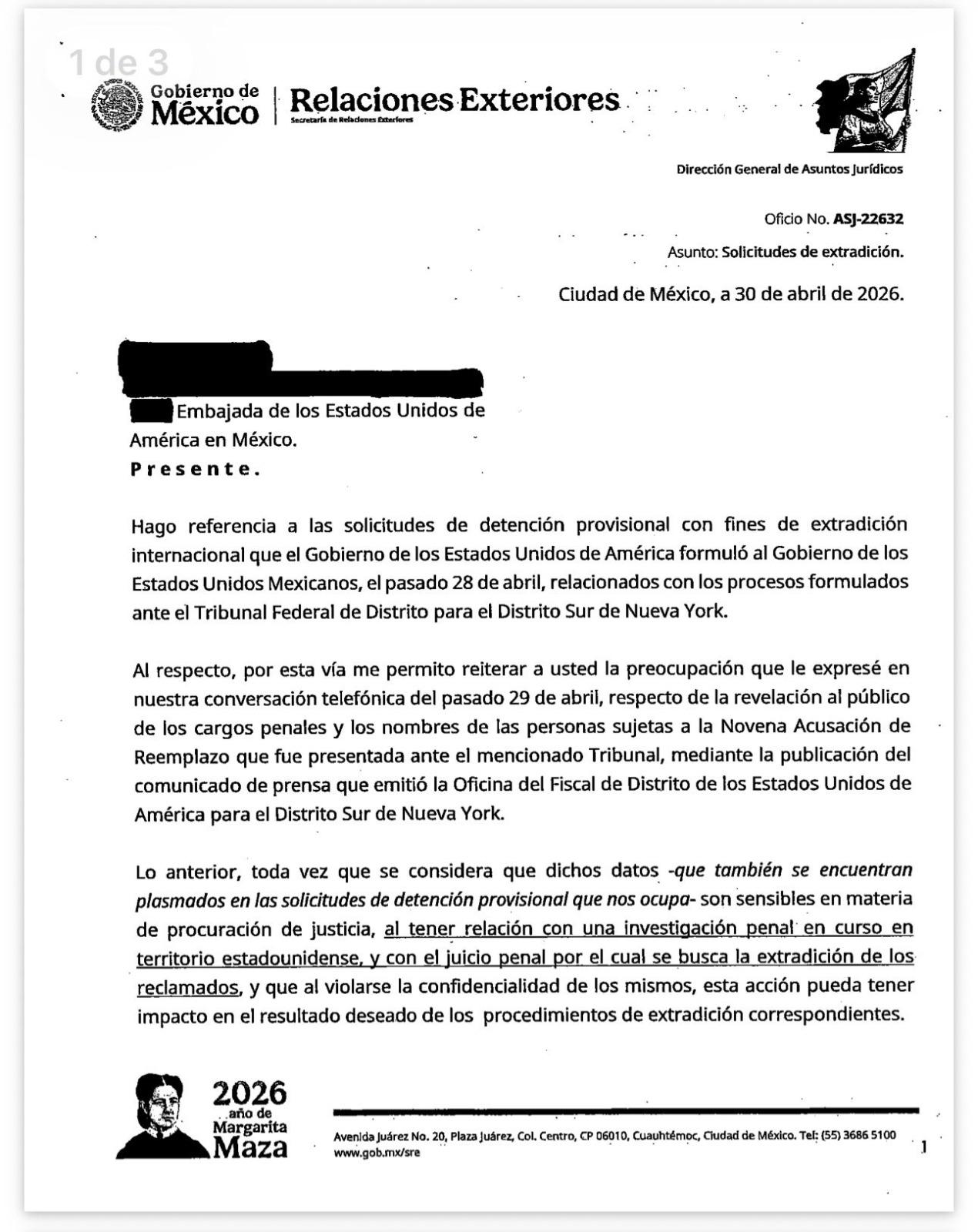 $!SRE difunde documentos sobre comunicaciones con EU en caso Rocha Moya