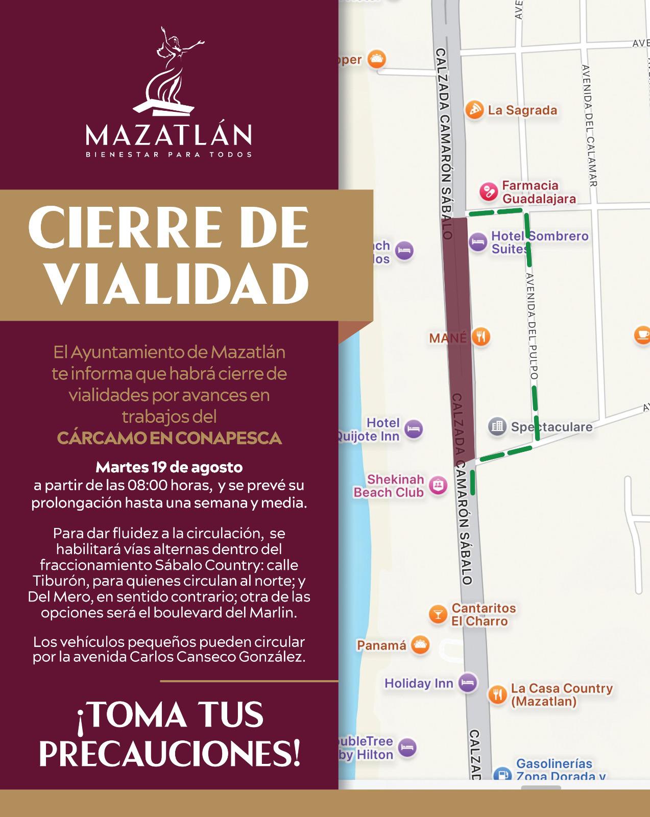 $!Anuncian cierre total de la circulación por trabajos del cárcamo frente Conapesca, desde mañana martes