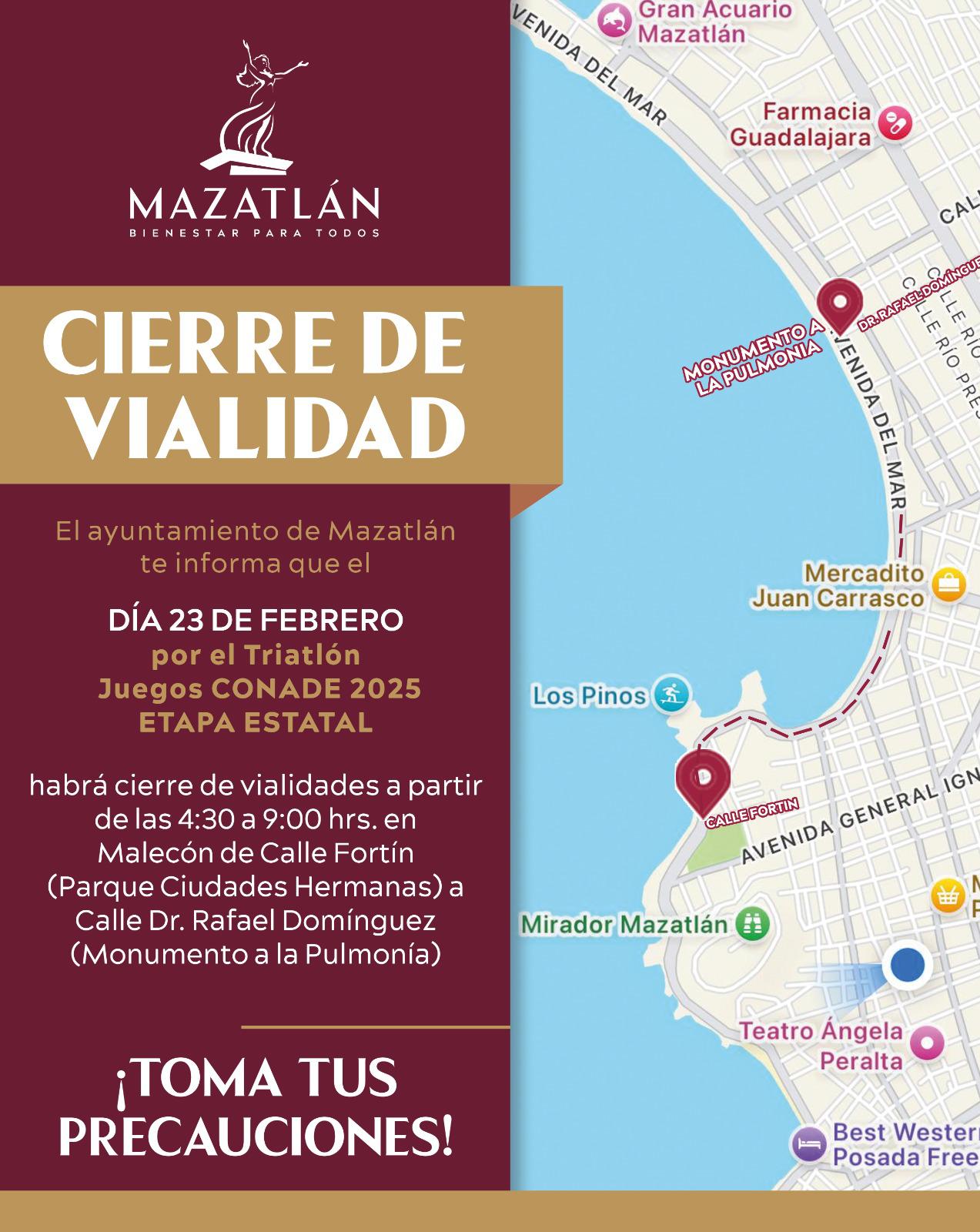 $!Ahora por triatlón, cerrarán tramo de la Avenida del Mar y Paseo Claussen este domingo en Mazatlán