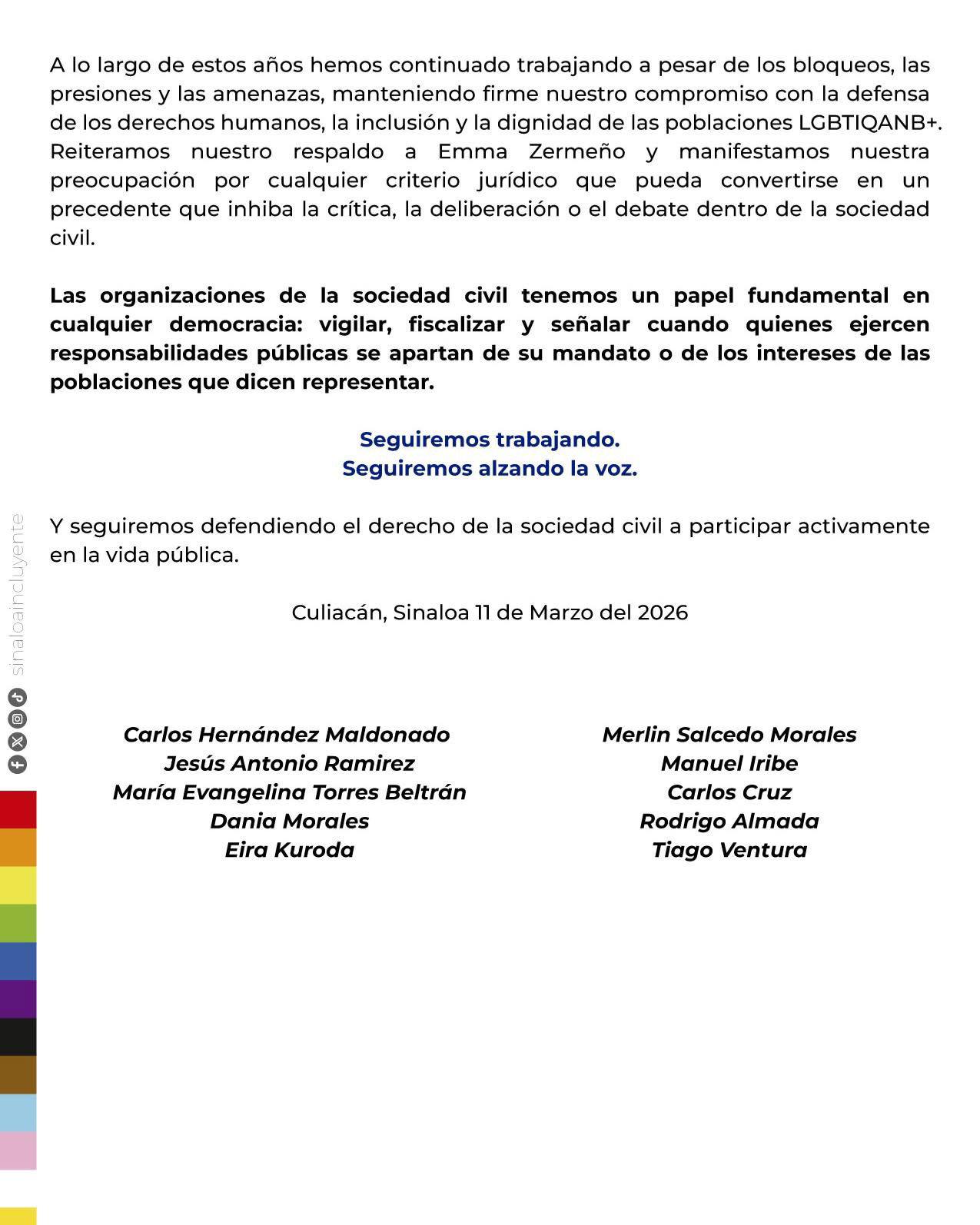 $!Sinaloa Incluyente respalda a Emma Zermeño y advierte riesgos para la libertad de expresión