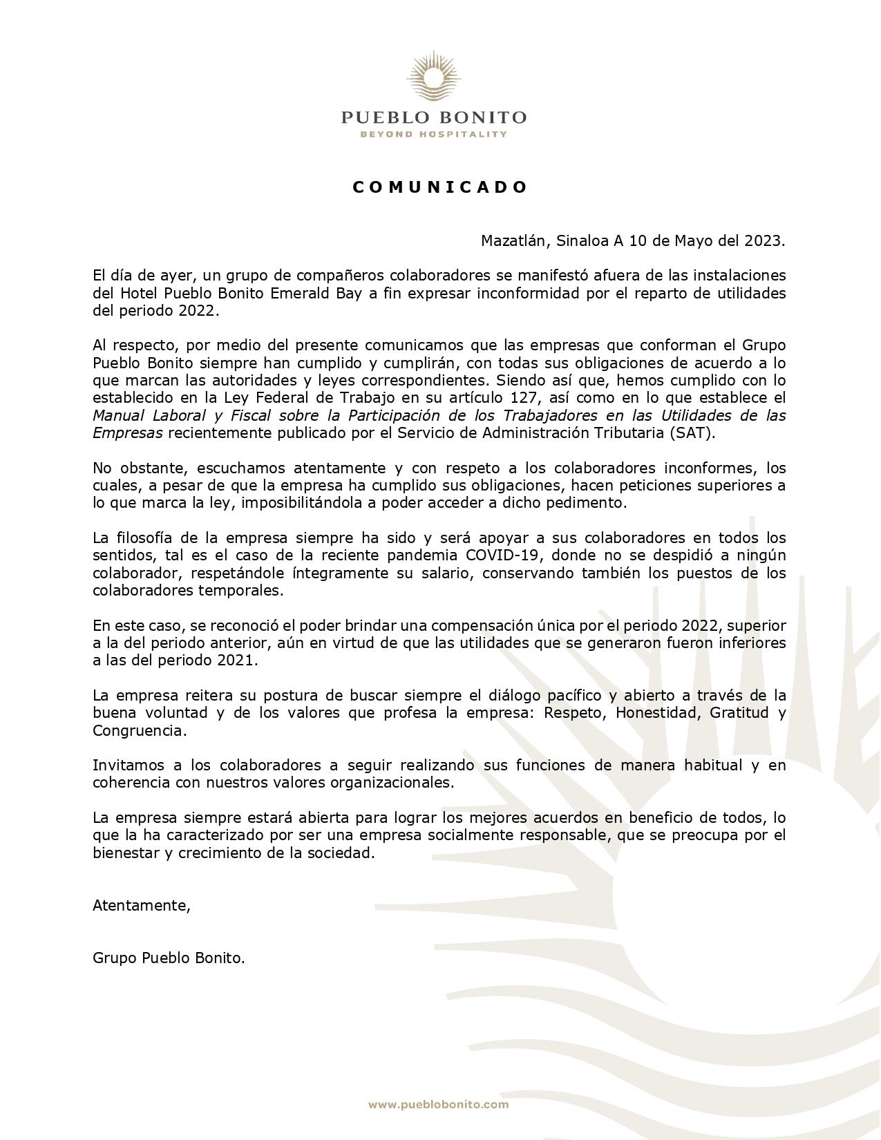 $!‘La empresa siempre estará abierta para lograr los mejores acuerdos en beneficio de todos’, expresa Grupo Pueblo Bonito