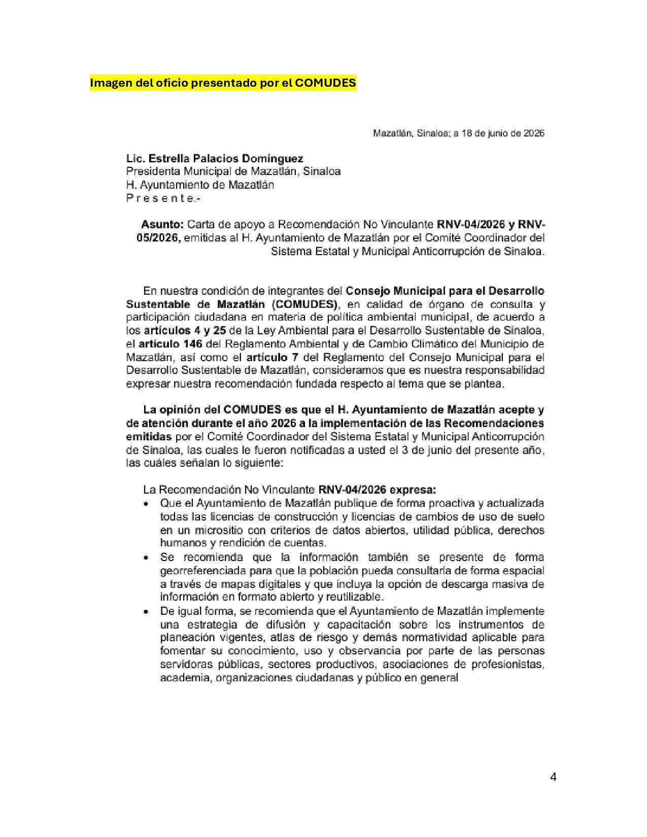 $!Llaman a Alcaldesa de Mazatlán a aceptar recomendaciones de transparencia en gestión territorial