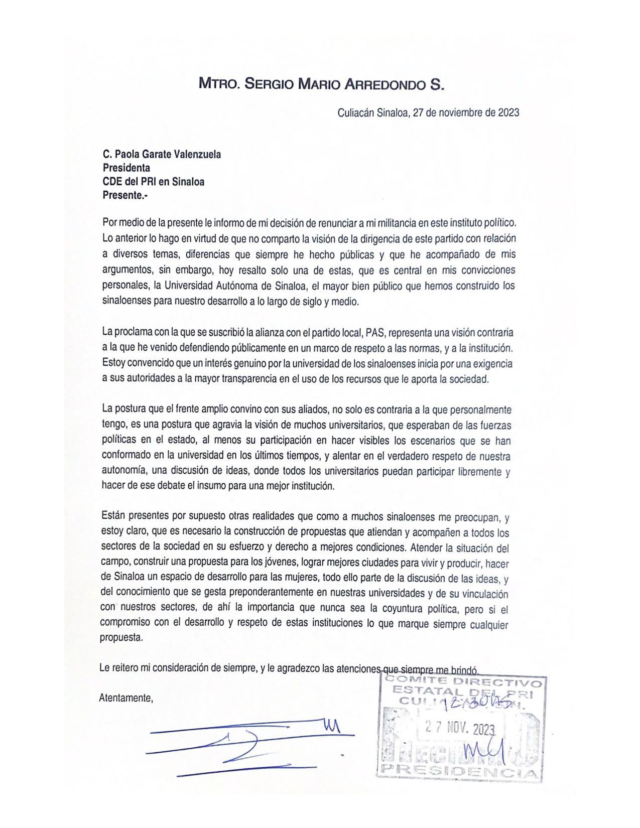 $!Sergio Mario Arredondo renuncia al PRI debido a alianza con el PAS