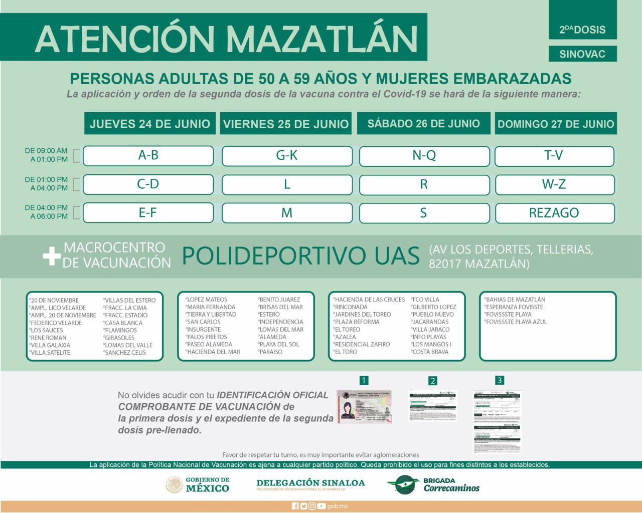 $!Aplicarán la segunda dosis de Sinovac en Mazatlán del 24 al 27 de junio