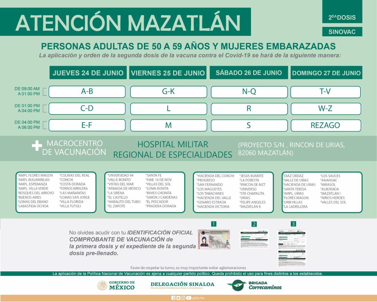 $!Aplicarán la segunda dosis de Sinovac en Mazatlán del 24 al 27 de junio
