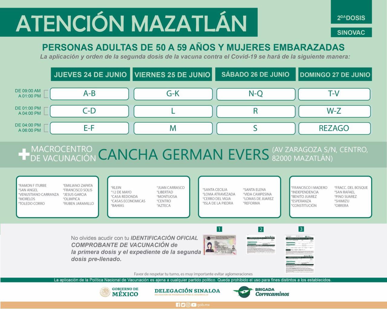 $!Aplicarán la segunda dosis de Sinovac en Mazatlán del 24 al 27 de junio