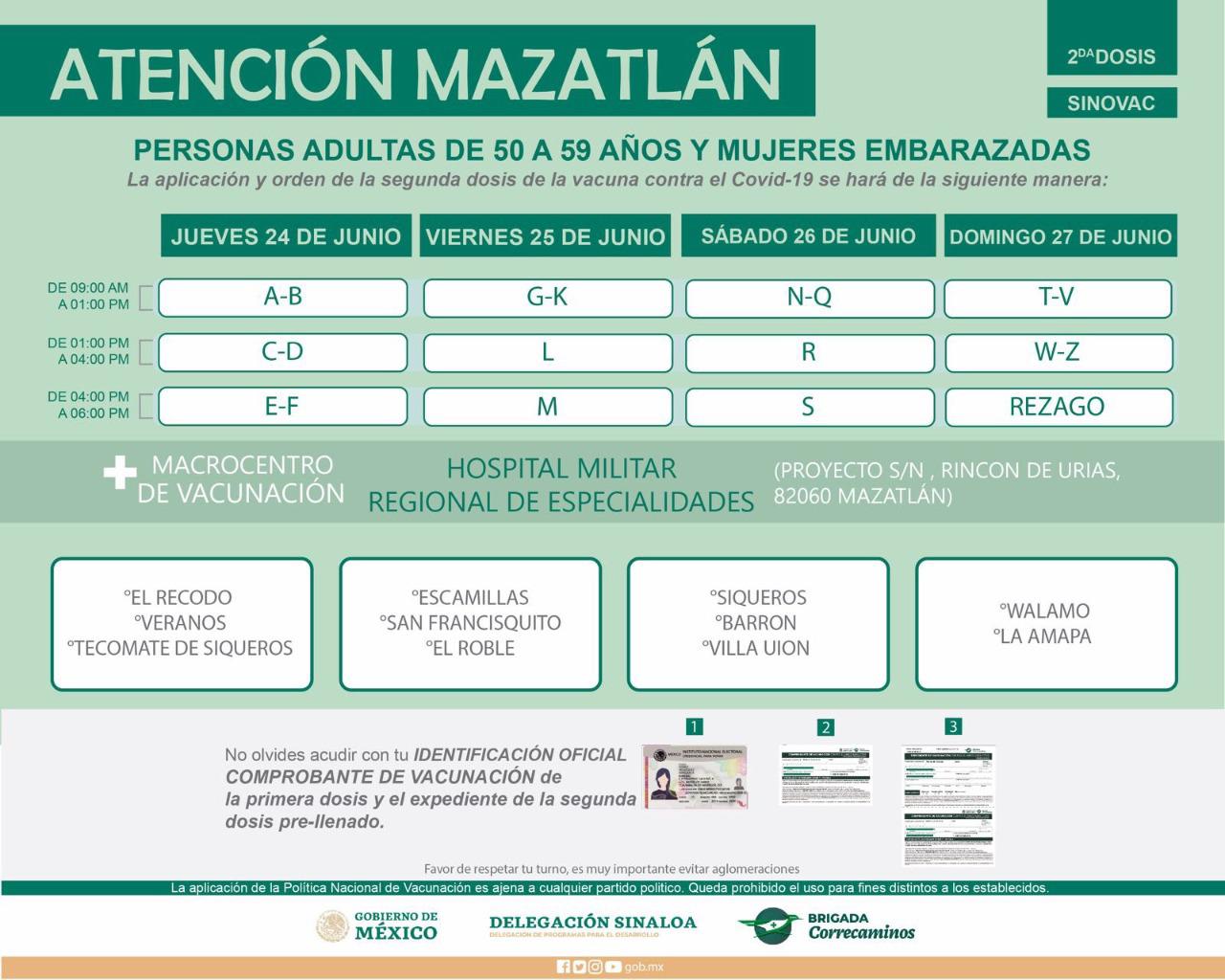 $!Aplicarán la segunda dosis de Sinovac en Mazatlán del 24 al 27 de junio