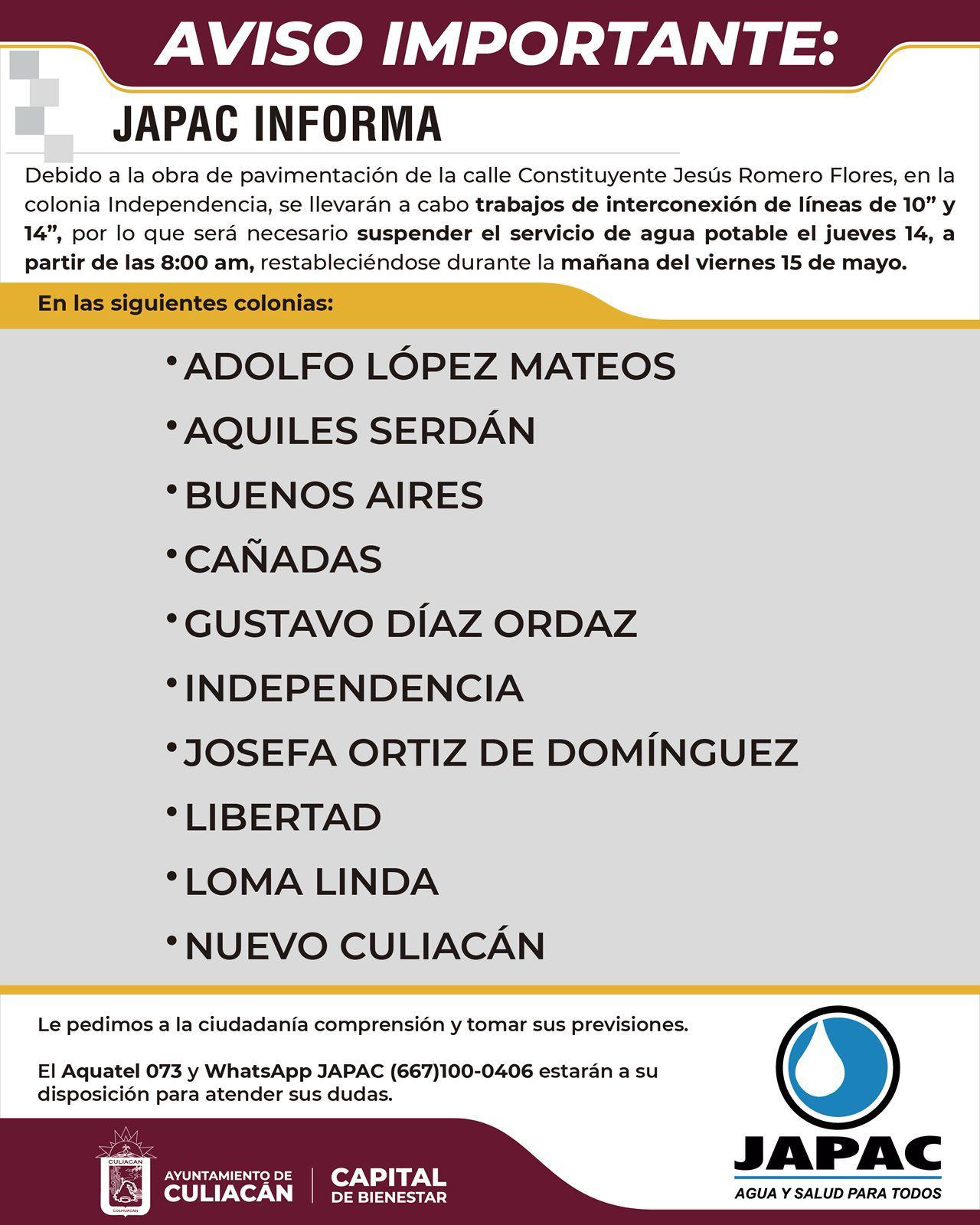 $!Se quedarán sin agua 10 colonias de Culiacán este jueves