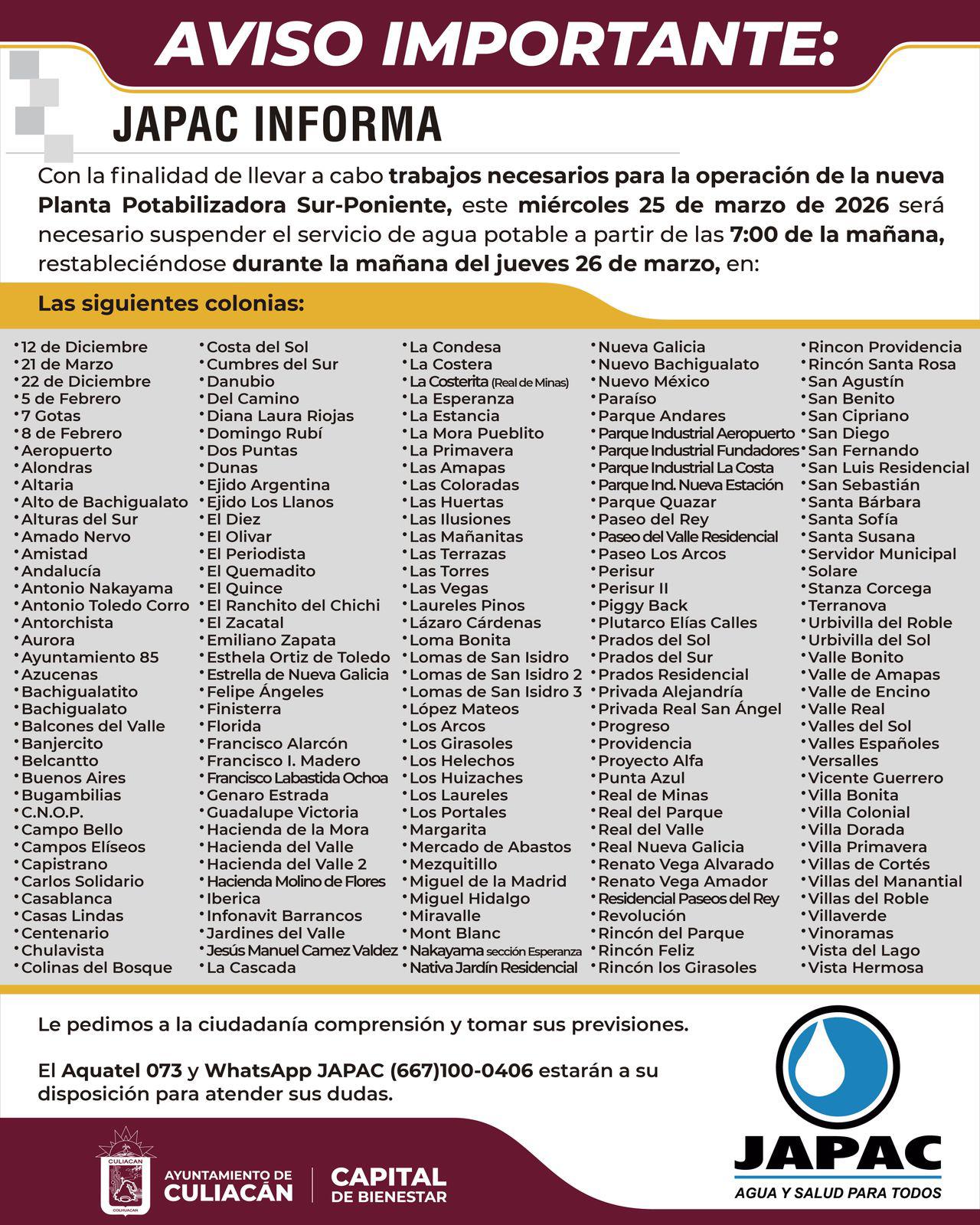 $!Anuncia Japac suspensión del servicio de agua en el sector sur de Culiacán por obras en nueva planta potabilizadora