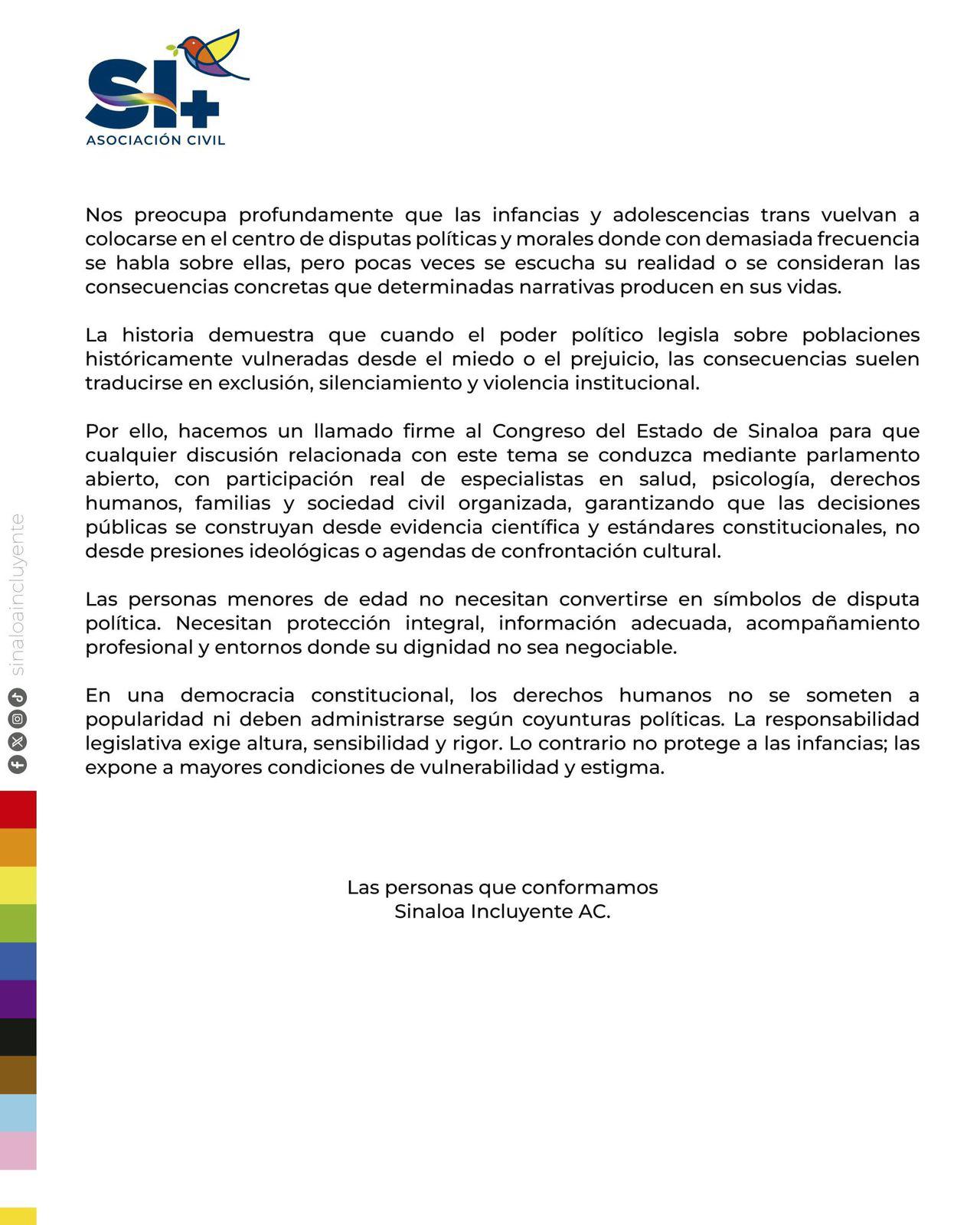 $!Sinaloa Incluyente AC rechaza propuesta del PAN contra transiciones de género en menores
