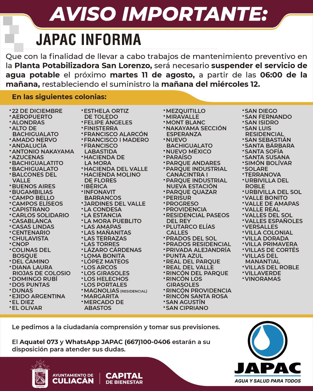 $!Cortará Japac agua en el sur de Culiacán por mantenimiento
