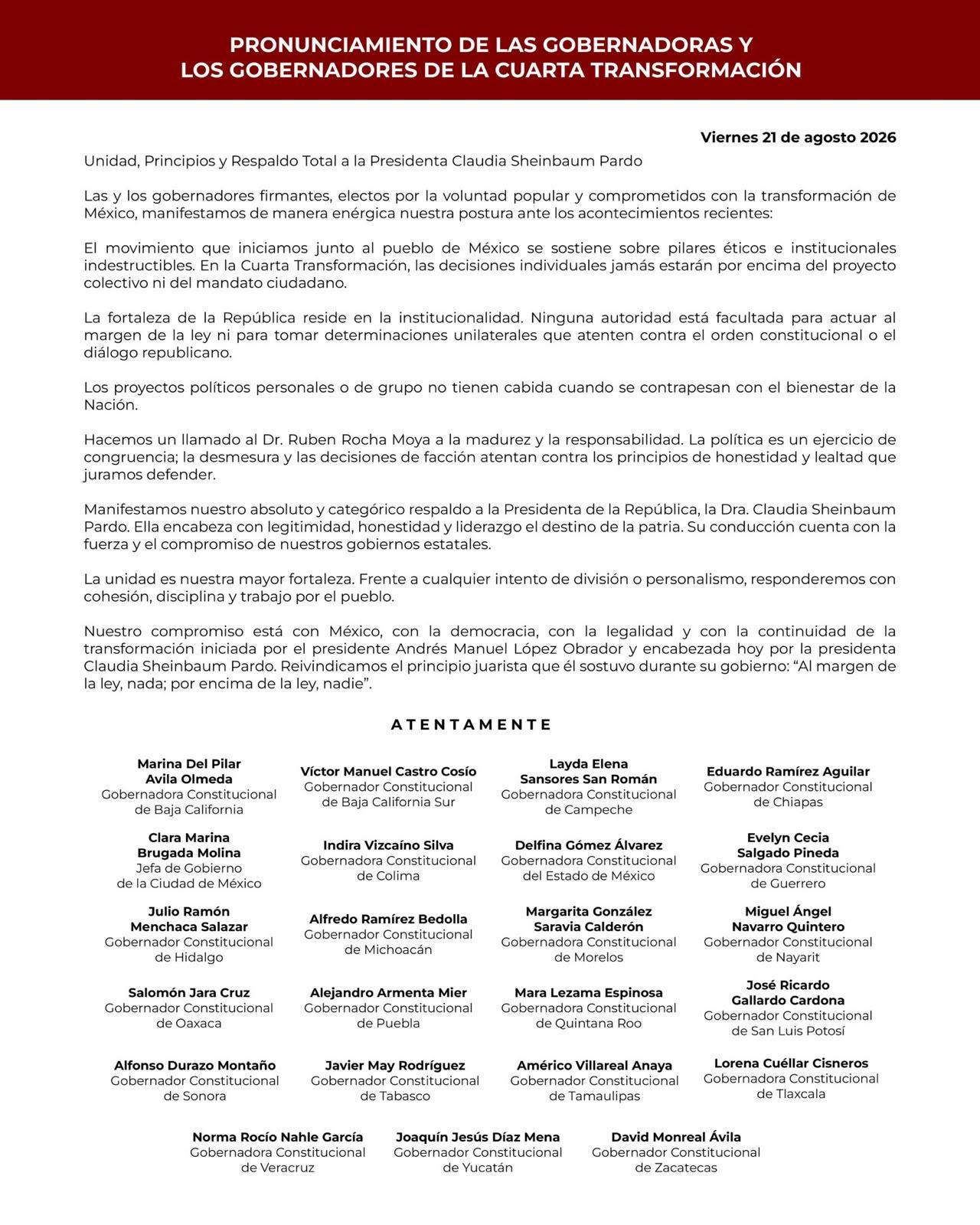$!Gobernadores de Morena reprochan a Rocha Moya su regreso a Sinaloa