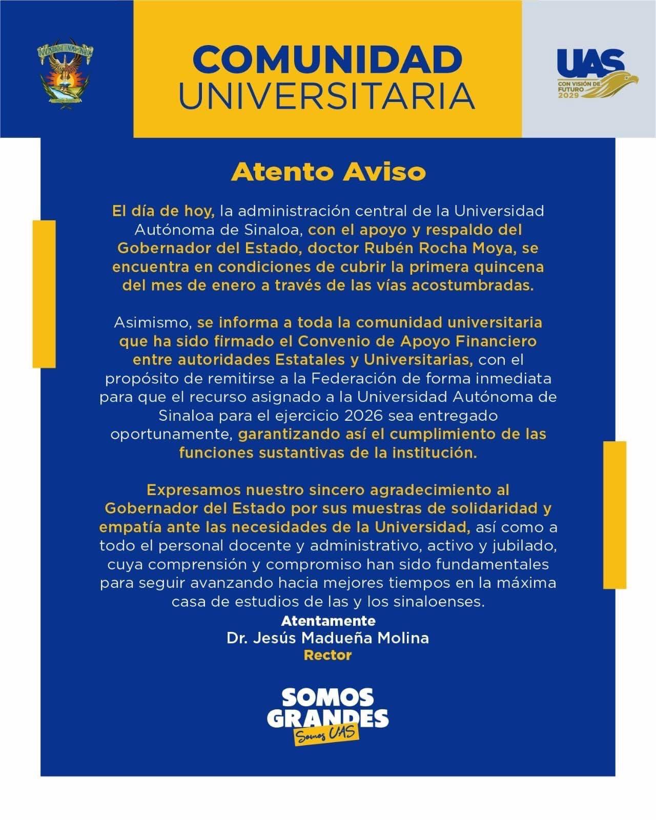 $!UAS garantiza pago de primera quincena de enero tras respaldo del Gobierno estatal