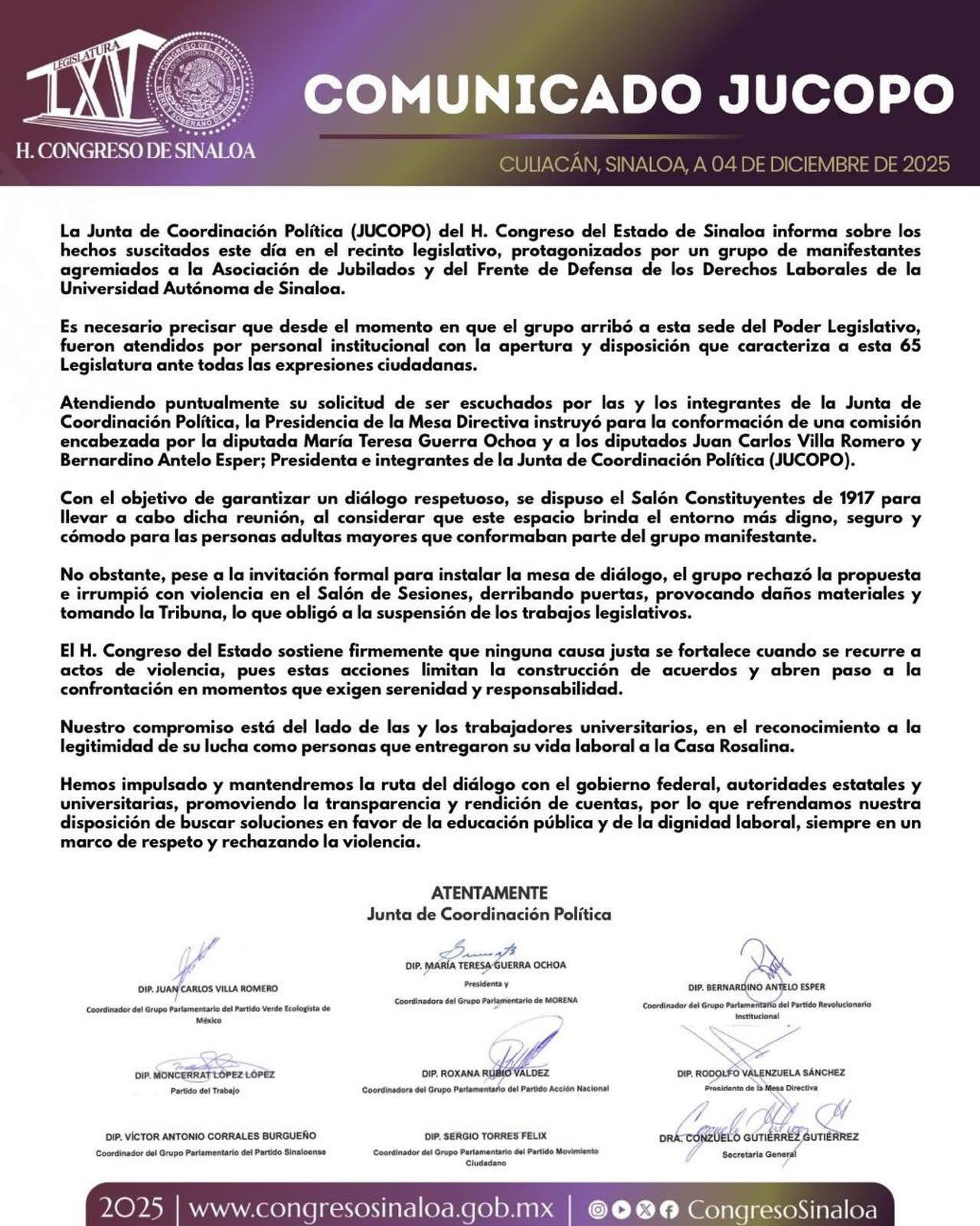 $!Congreso de Sinaloa condena irrupción de jubilados de la UAS y reitera disposición al diálogo