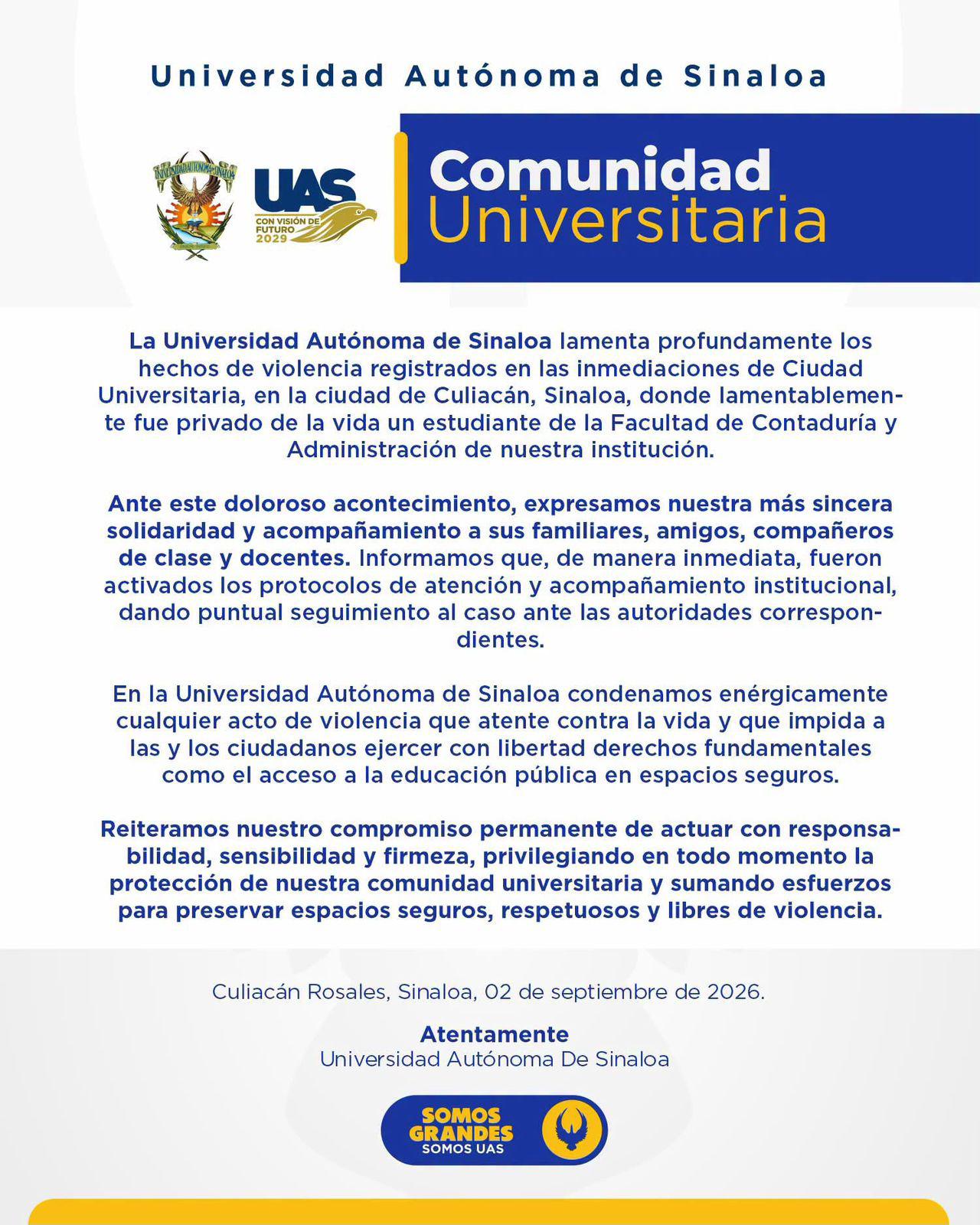 $!Lamenta UAS asesinato de estudiante de la FCA en inmediaciones de CU en Culiacán