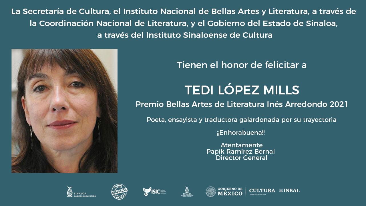 $!Gana Tedi López Mills el Premio de Literatura Inés Arredondo 2021