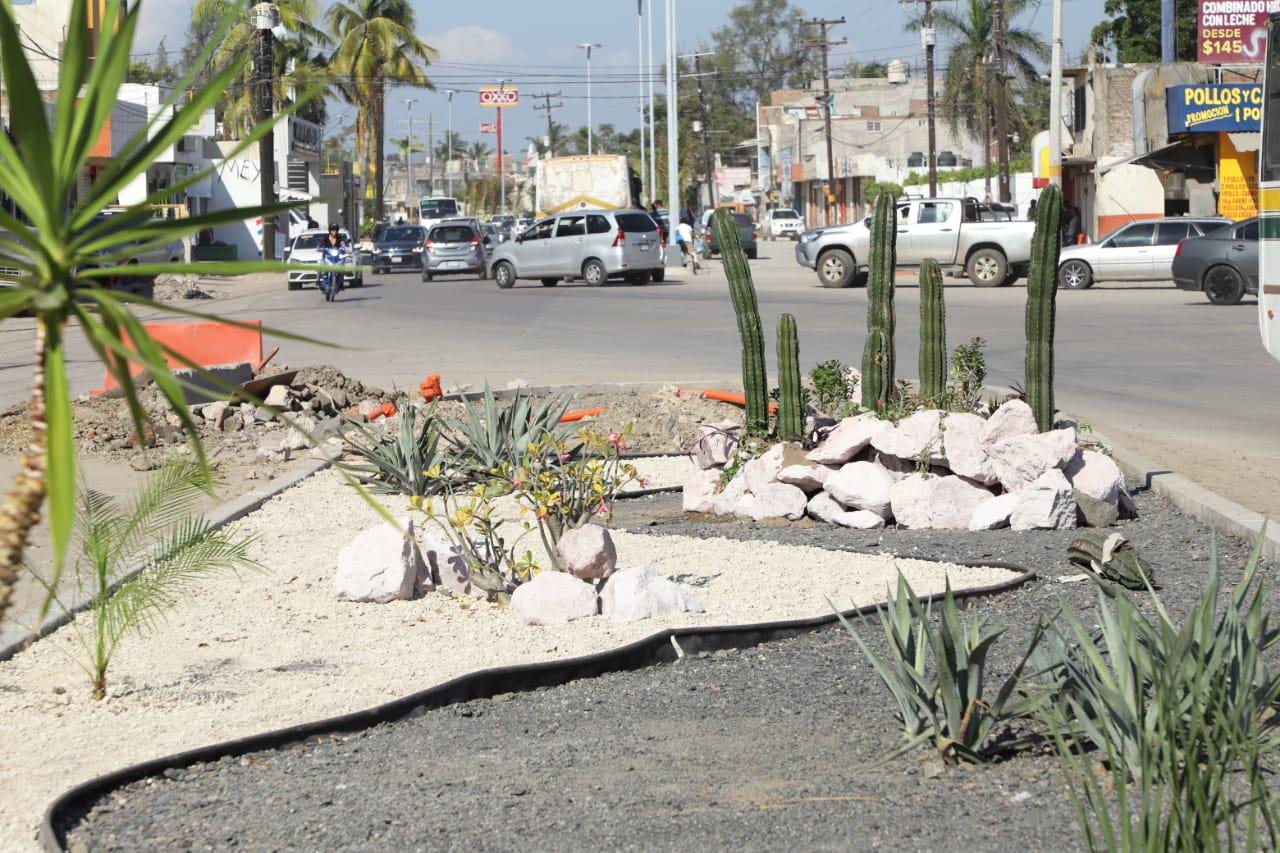 $!Embellecen camellón central y colocan lámparas led en Avenida Gabriel Leyva, en Mazatlán