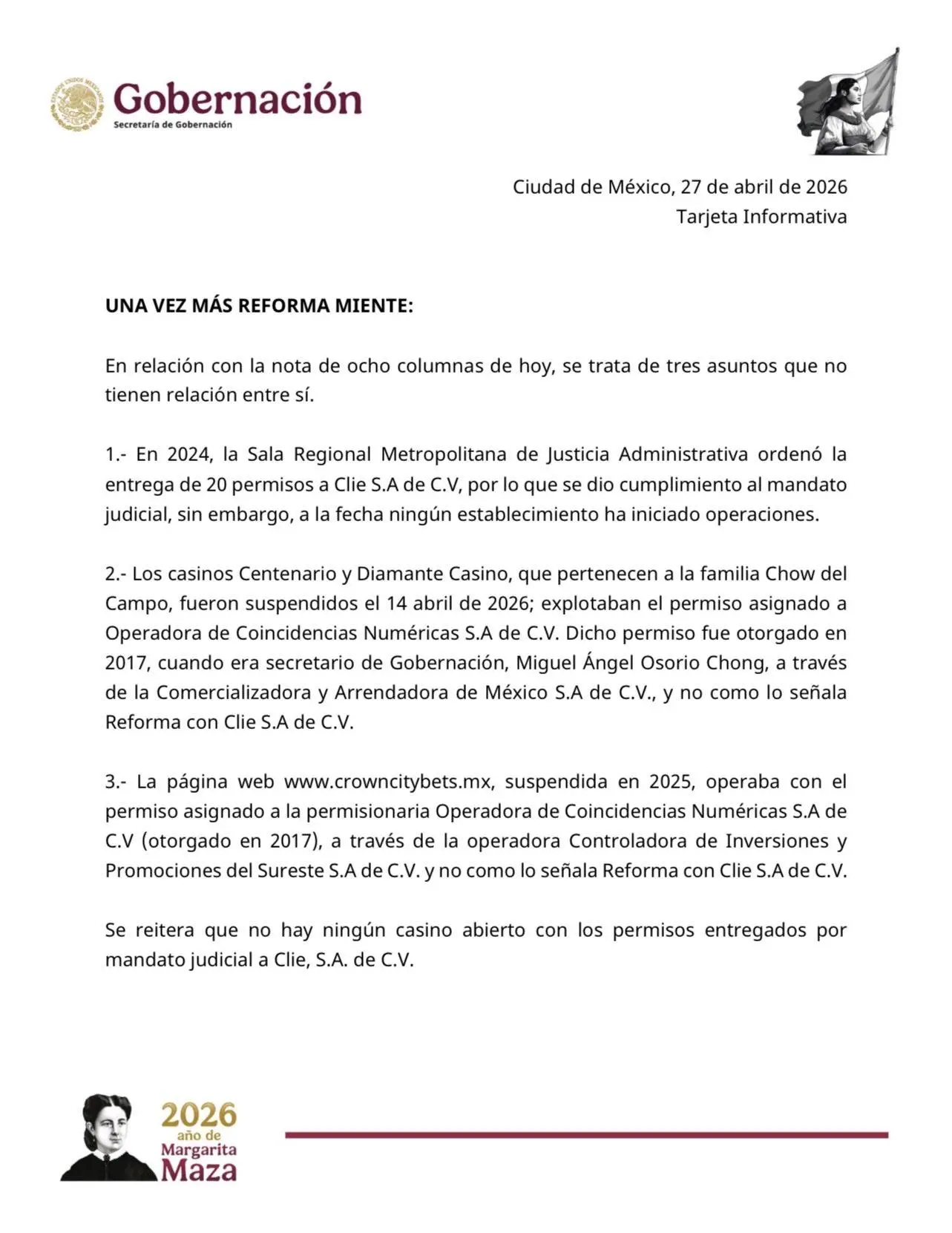 $!Segob niega vínculo entre permisos judiciales y casinos ligados a familia de Hernán Bermúdez