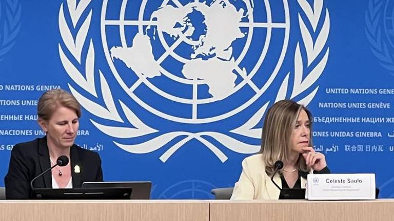 La secretaria general de la Organización Meteorológica Mundial, Celeste Saulo (de blanco), en la presentación del informe sobre el estado del clima mundial 2023.