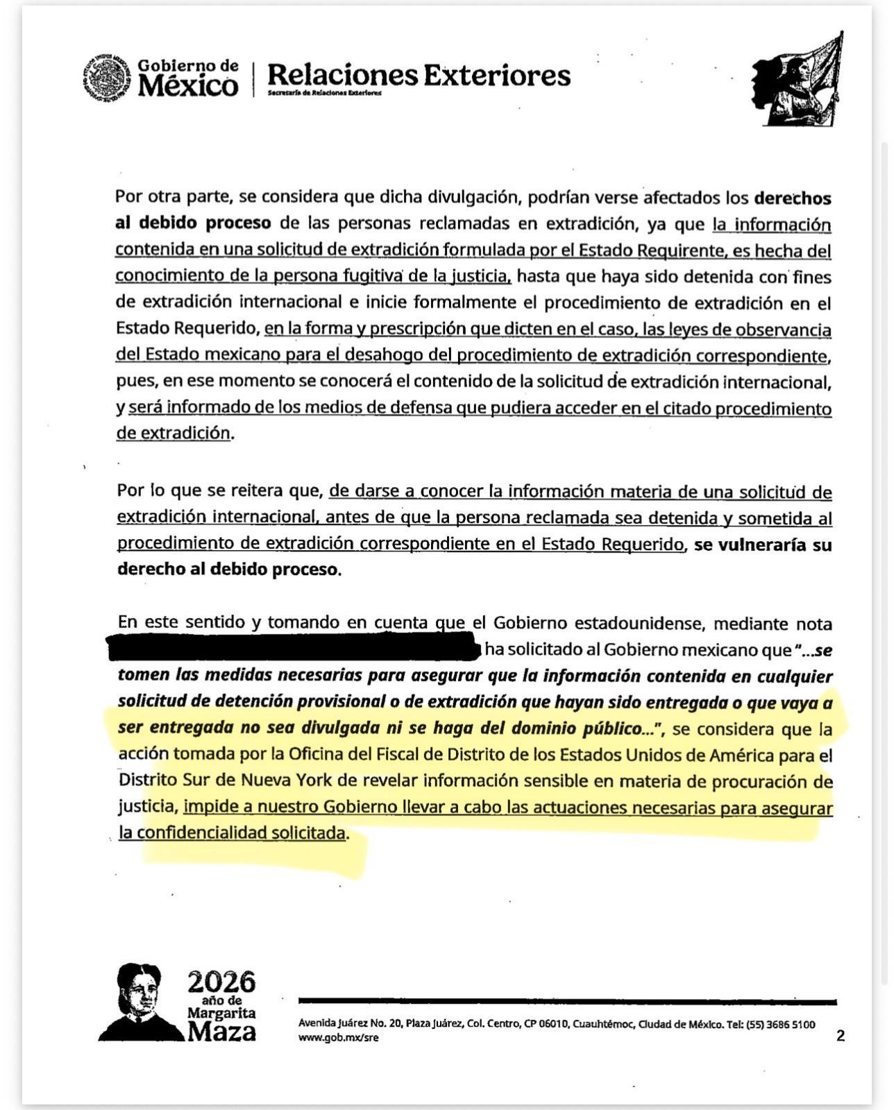 $!SRE difunde documentos sobre comunicaciones con EU en caso Rocha Moya