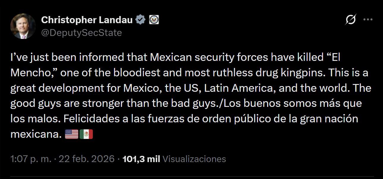 $!García Harfuch felicita al Ejército mexicano; Landau celebra muerte de ‘El Mencho’