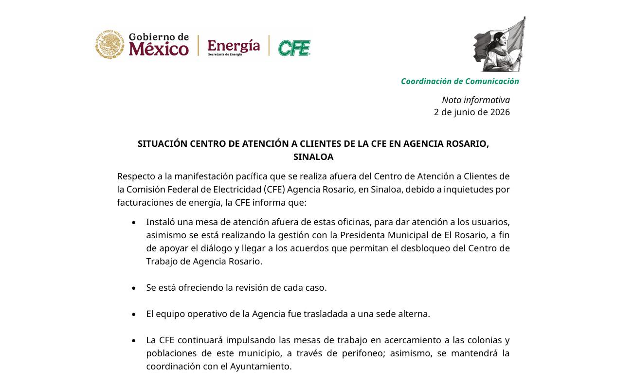 $!Anuncia CFE que atenderá a manifestantes en Rosario y traslado de equipo operativo a sede alterna