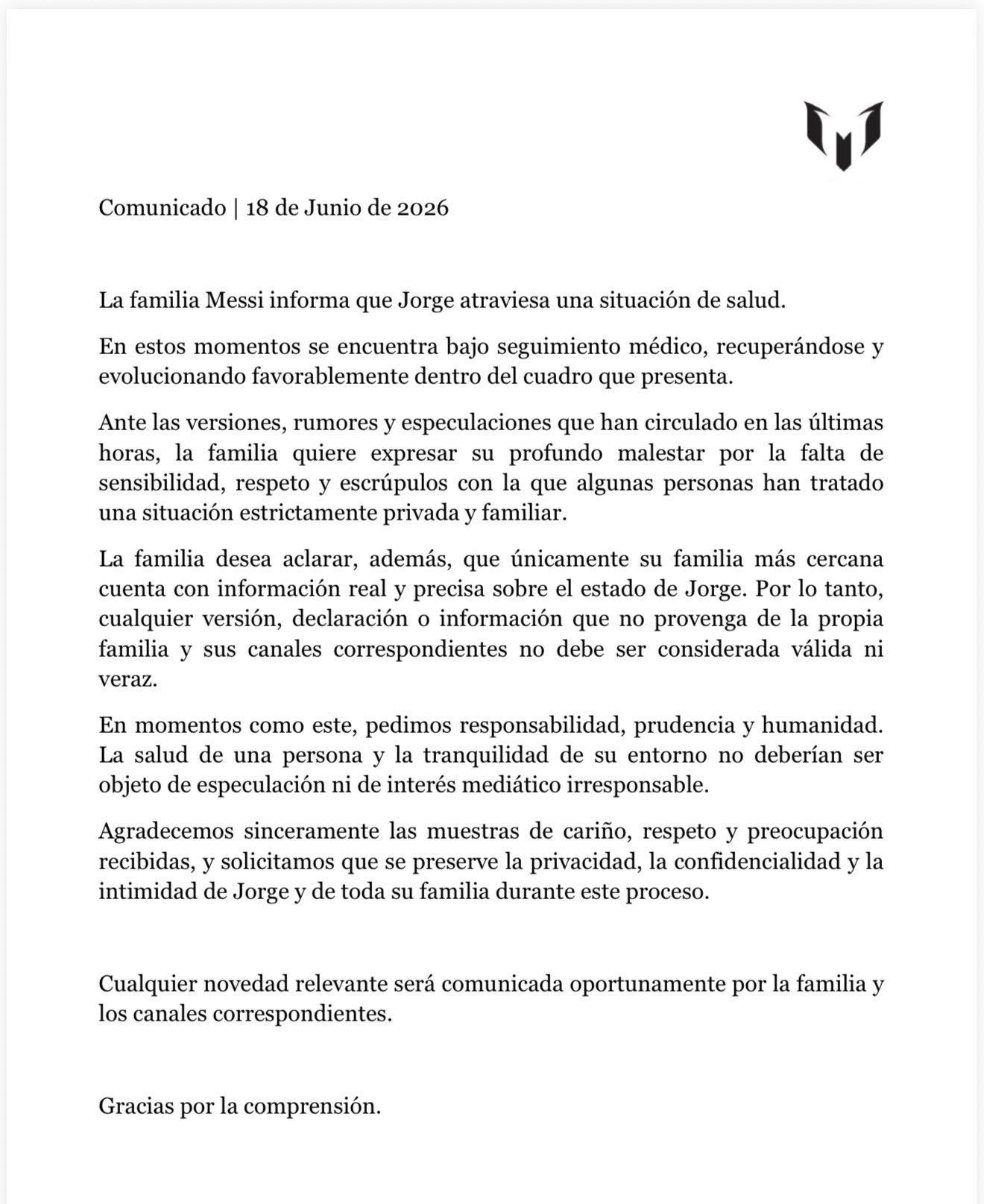 $!Familia de Messi aclara estado de salud de Jorge y pide respeto a su privacidad