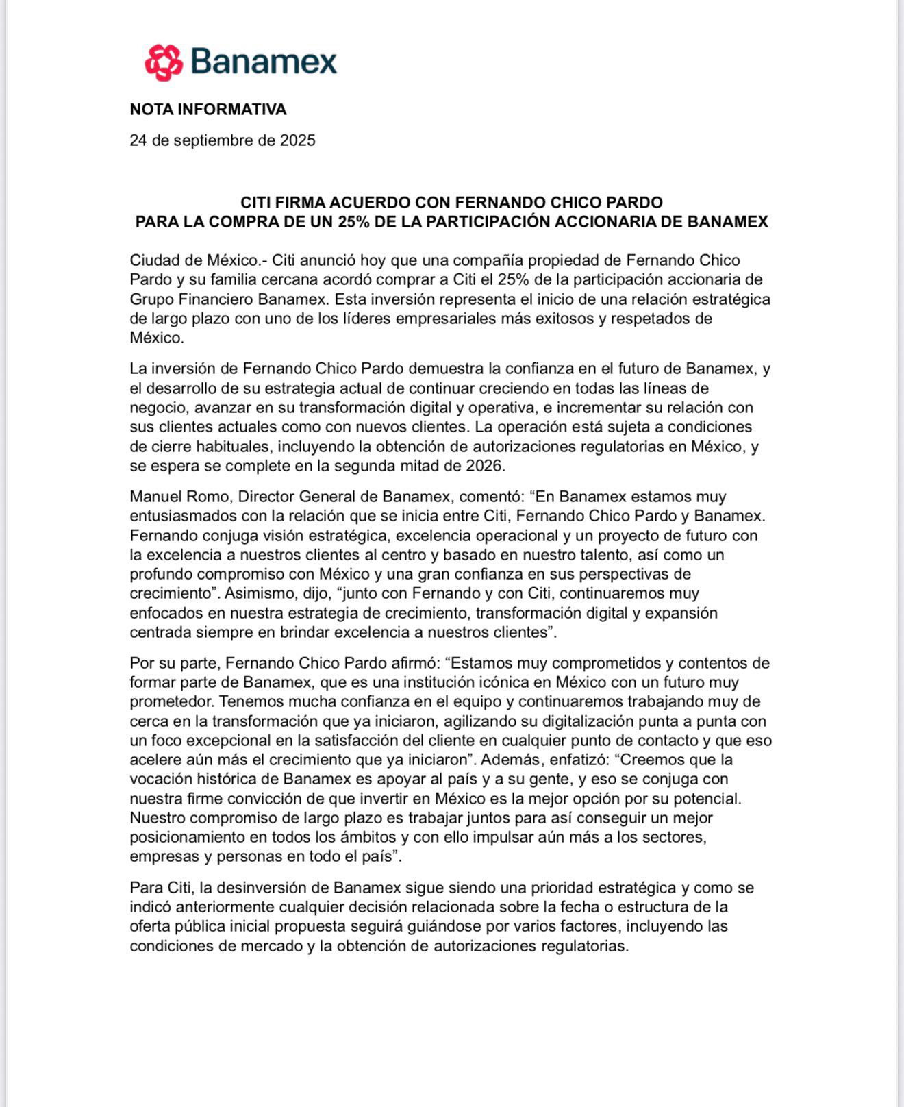 $!Fernando Chico Pardo adquiere el 25% de Banamex