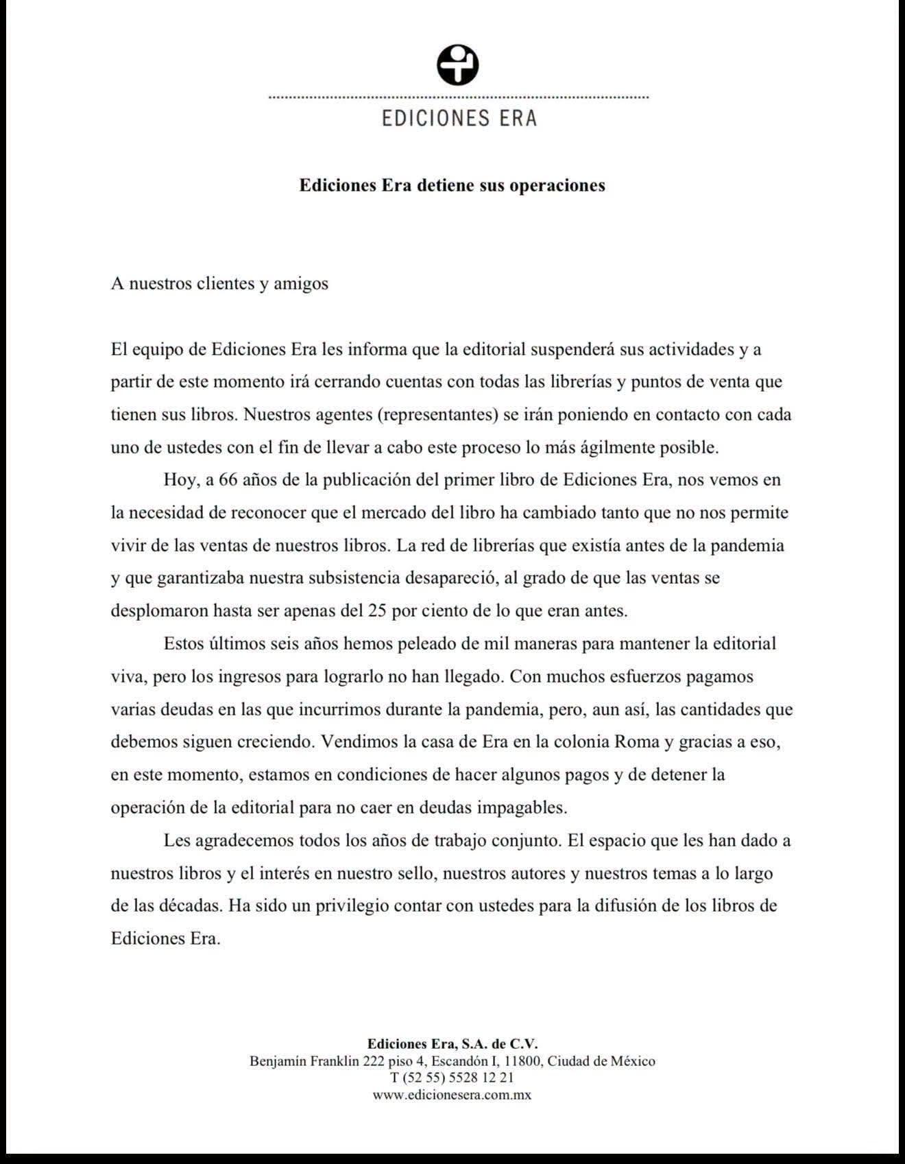 $!Ediciones Era asegura que sus ventas cayeron un 75% desde la pandemia.