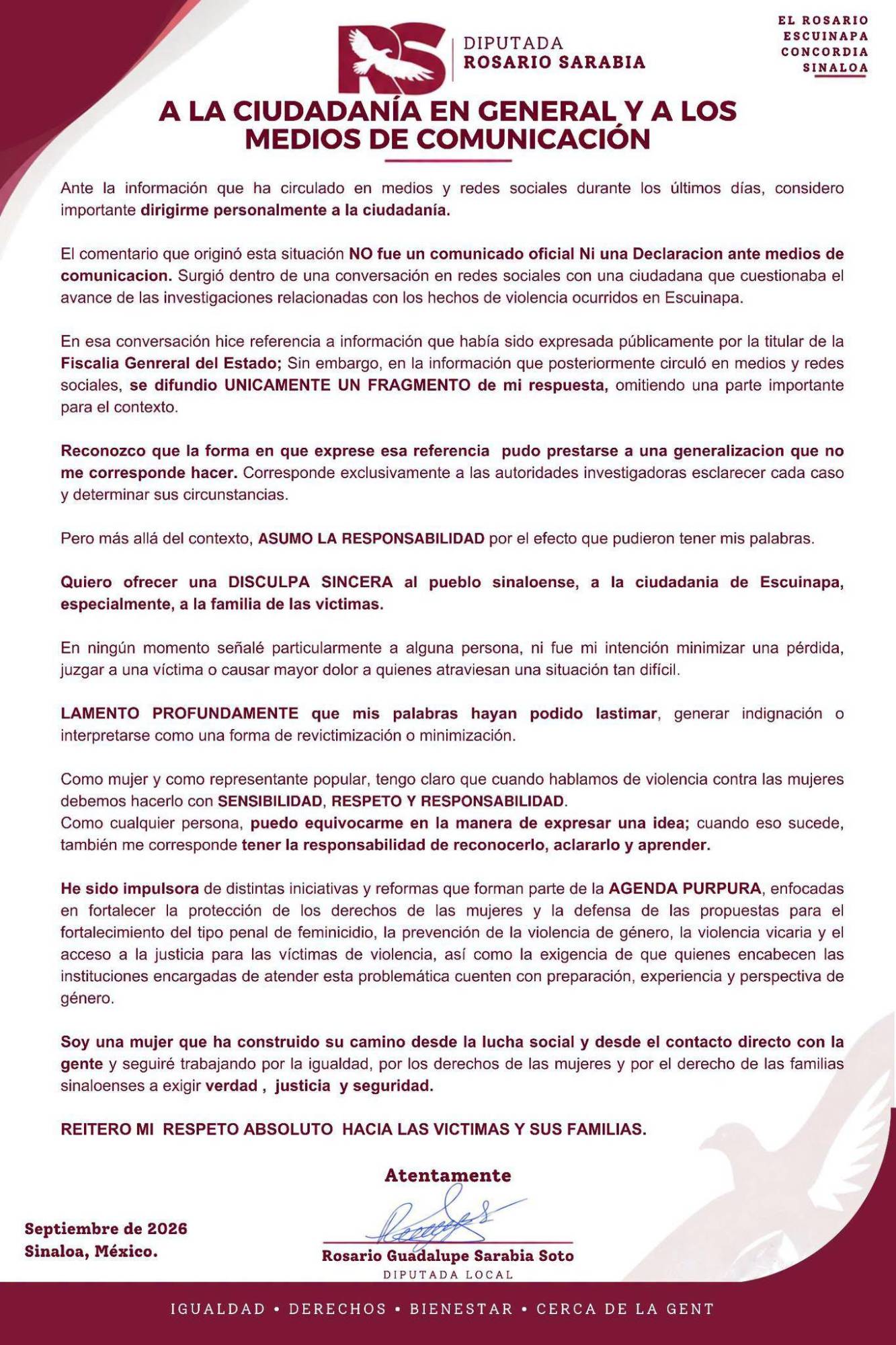 $!Diputada Rosario Sarabia ofrece disculpas tras negar feminicidios en Escuinapa