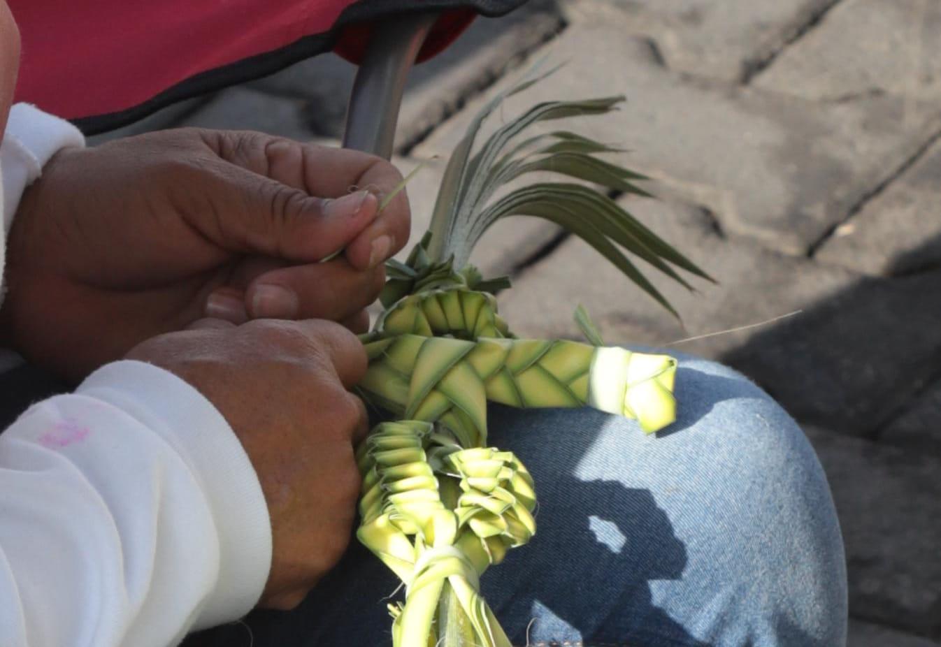 $!Tiene Basilia 46 años vendiendo palmas en Domingo de Ramos frente a la Catedral de Mazatlán