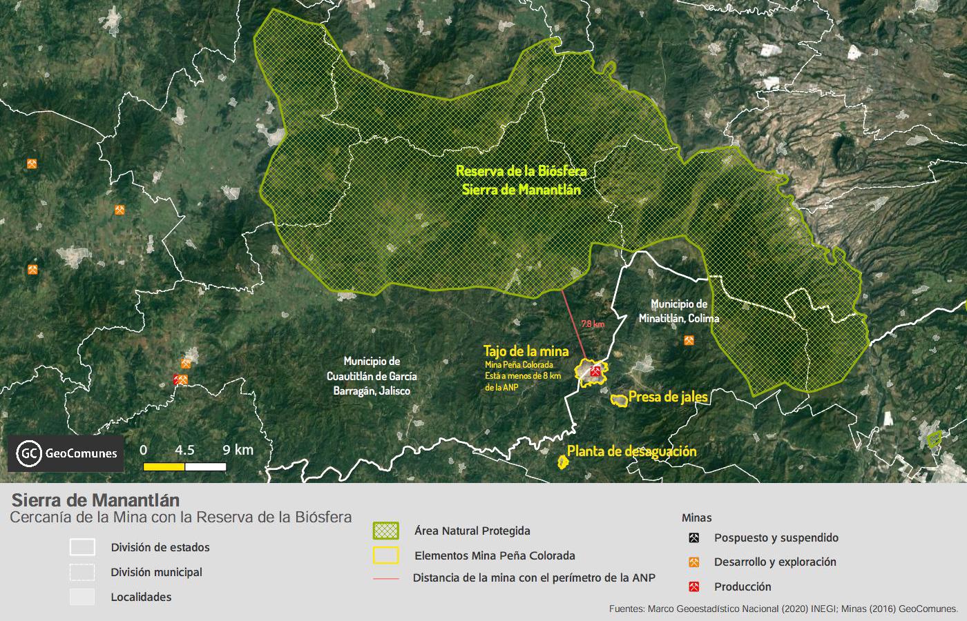 $!Mapa en donde se muestra la ubicación de la Reserva de la Biósfera Sierra de Manantlán y de la Mina Peña Colorada