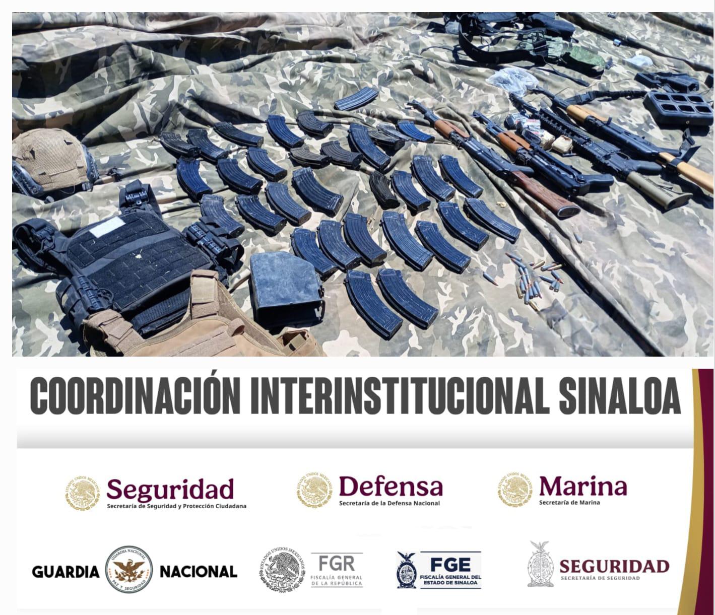 $!Semar asegura 1 ametralladora, 7 fusiles, municiones, equipo táctico y vehículos robados en Culiacán