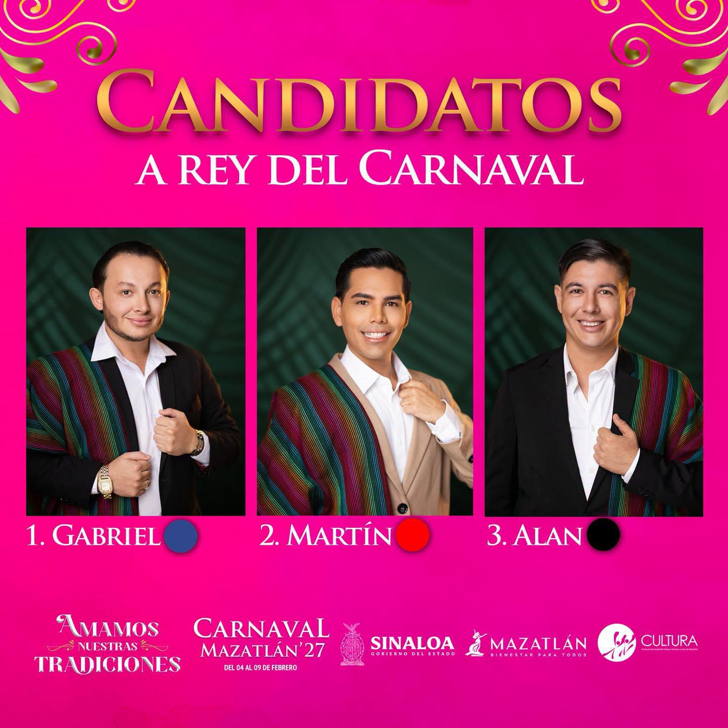 $!Gabriel Alonso Cervera Sandoval, Martín de Jesús Irigoyen Arredondo y Alan Larios Preciado son los candidatos a la corona del Rey de la Alegría del Carnaval 2027.