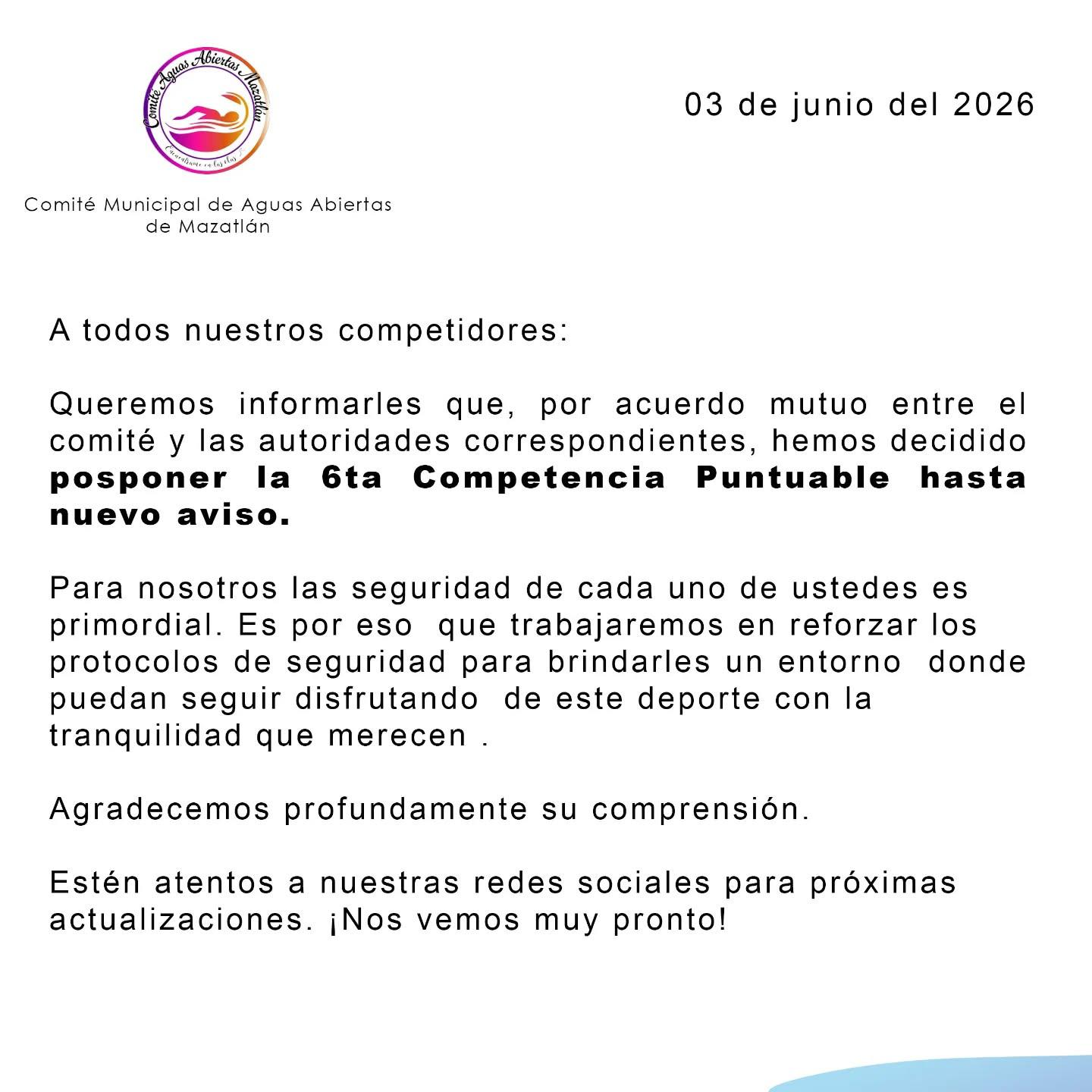 $!Posponen Sexta Competencia Puntuable de Aguas Abiertas por condiciones de mar de fondo en Mazatlán