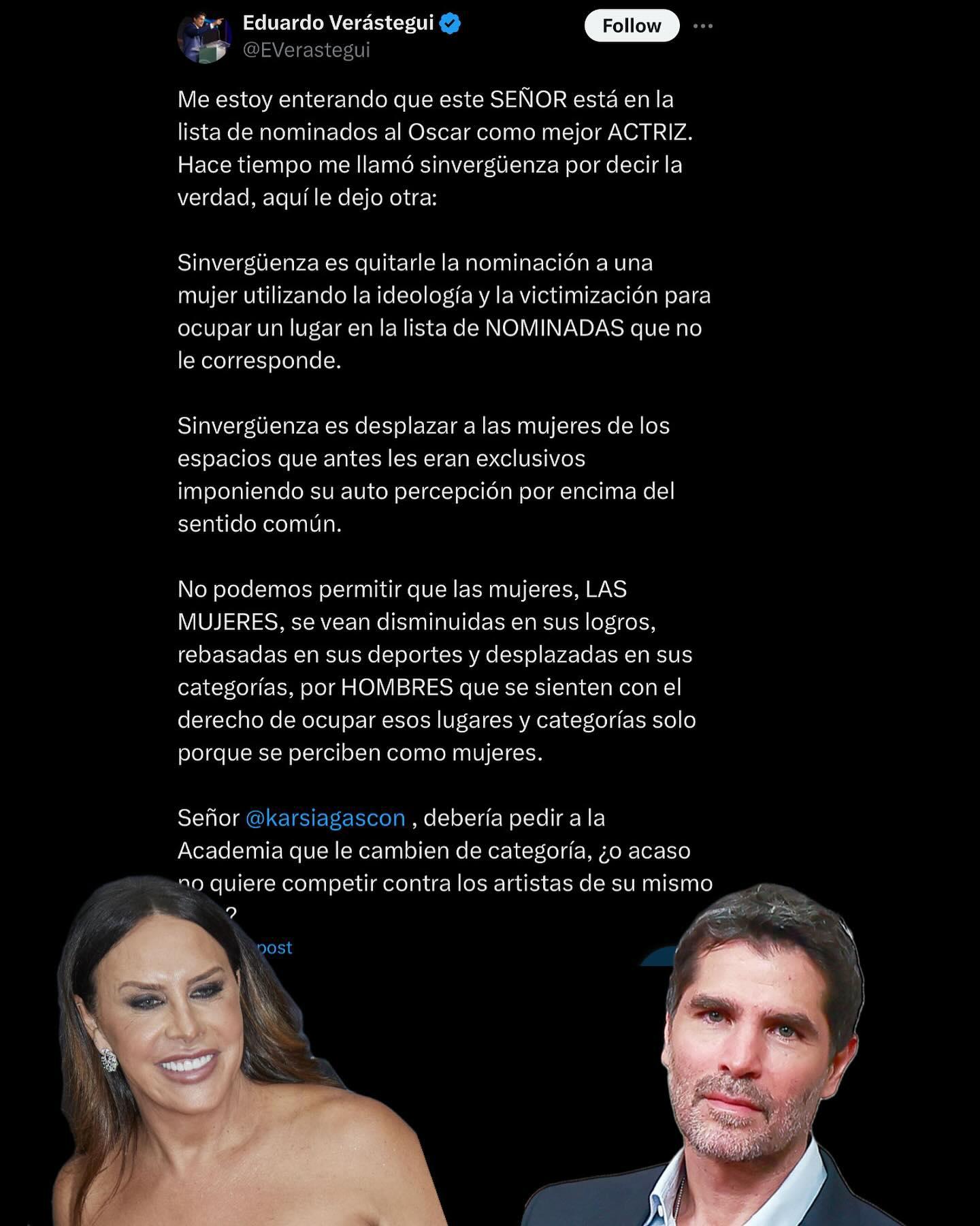 $!Critica Eduardo Verástegui nominación de Karla Sofía Gascón como mejor actriz