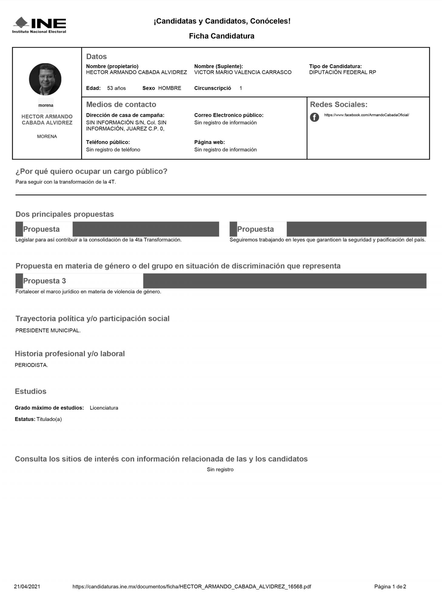 $!#ChihuahuaVerifica: Es falso que el candidato a diputado Armando Cabada tenga licenciatura, como reportó al INE