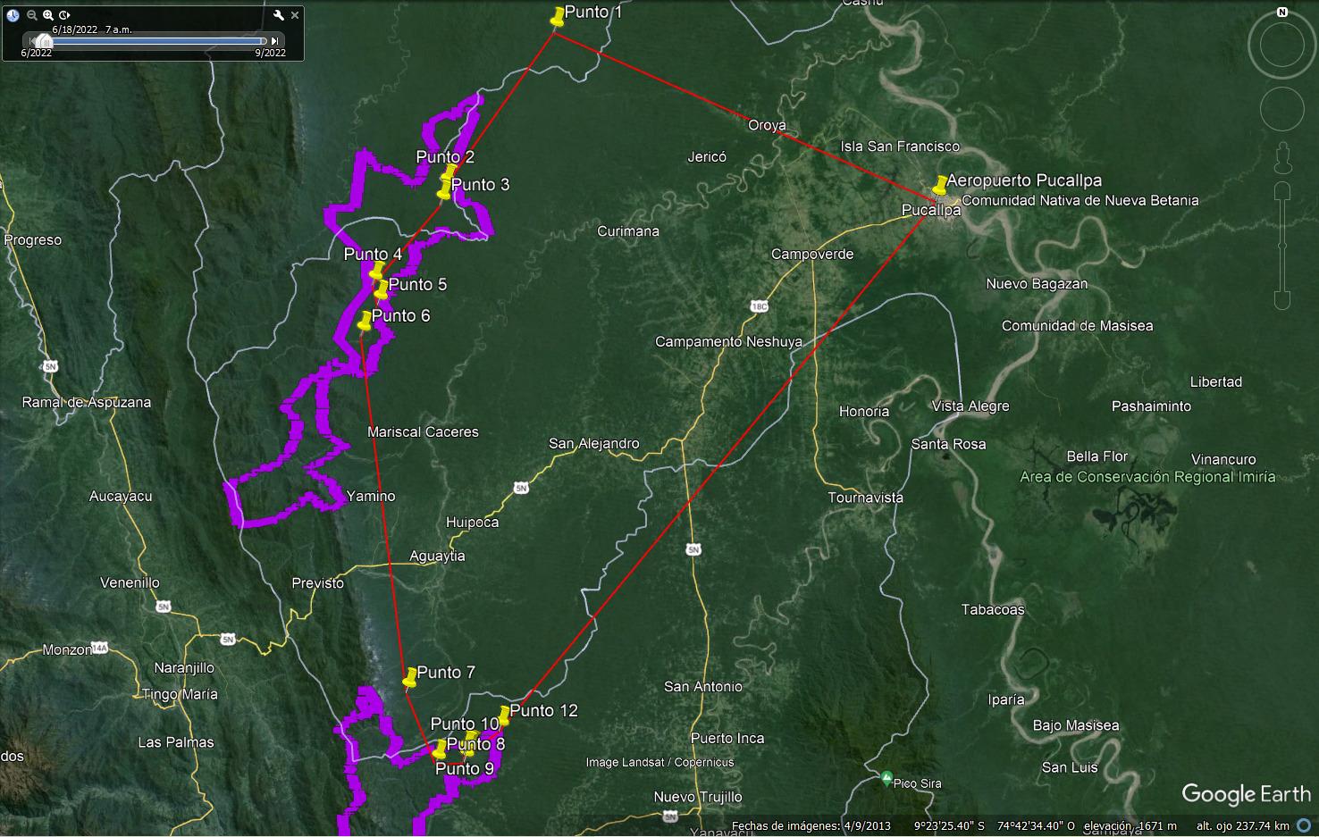 $!El mapa muestra los doce puntos recorridos durante el sobrevuelo realizado el 15 de marzo.