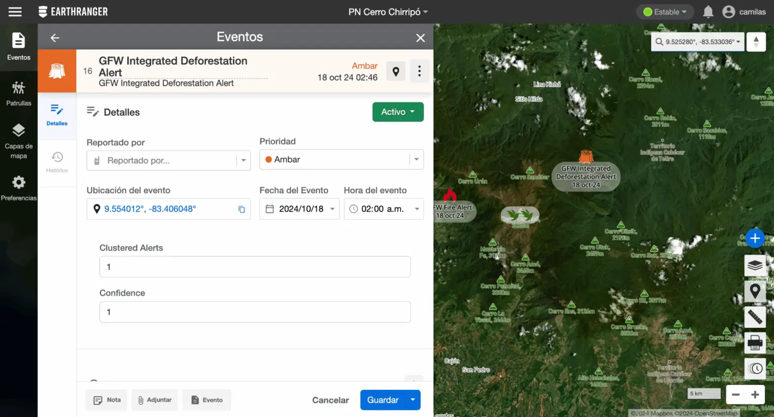 $!Plataforma EarthRanger mostrando detalles de alerta de deforestación por integración con Global Forest Watch.