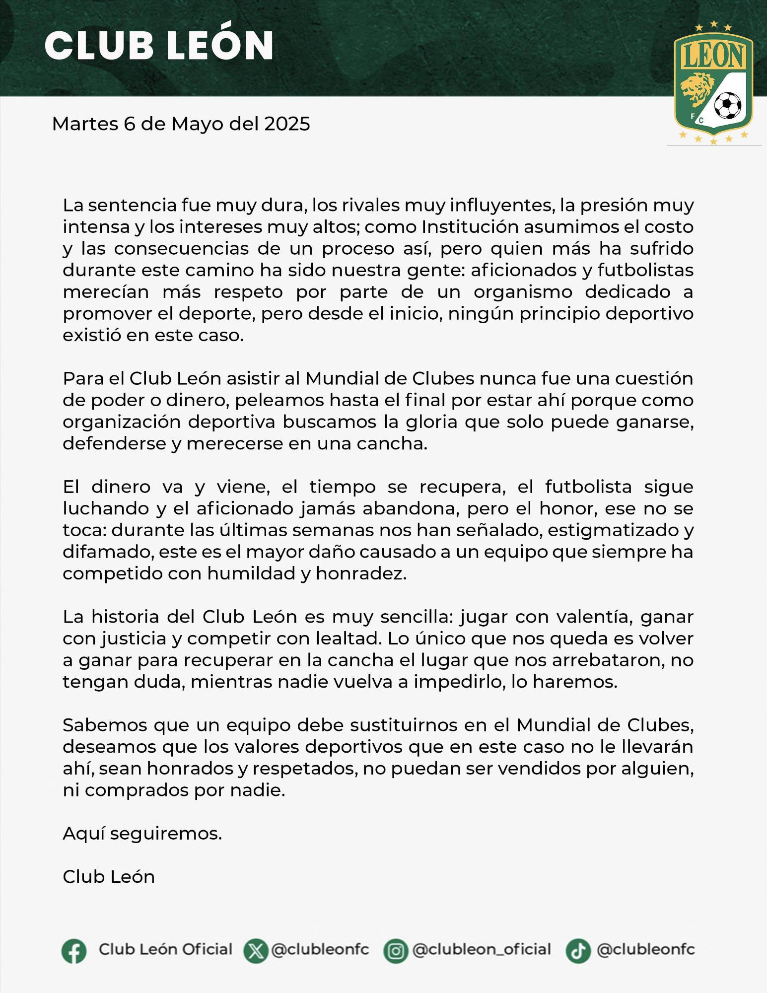 $!El TAS rechaza el recurso del León por su exclusión del Mundial de Clubes