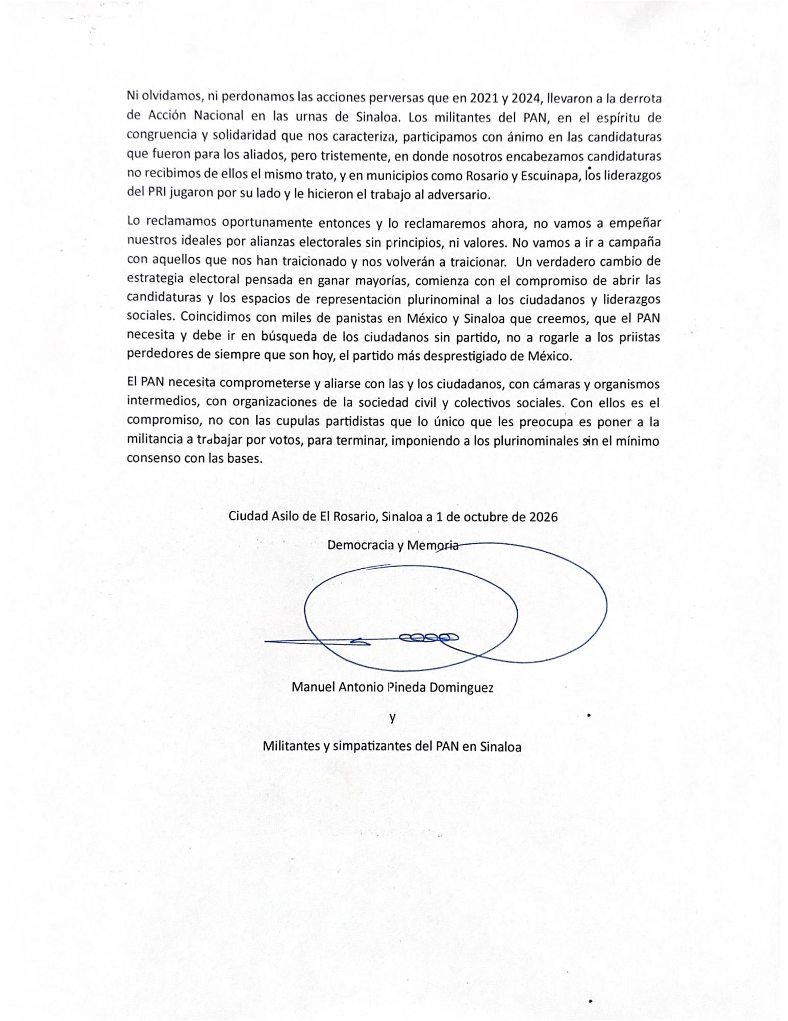 $!Panistas de Rosario rechazan alianza con el PRI en Sinaloa