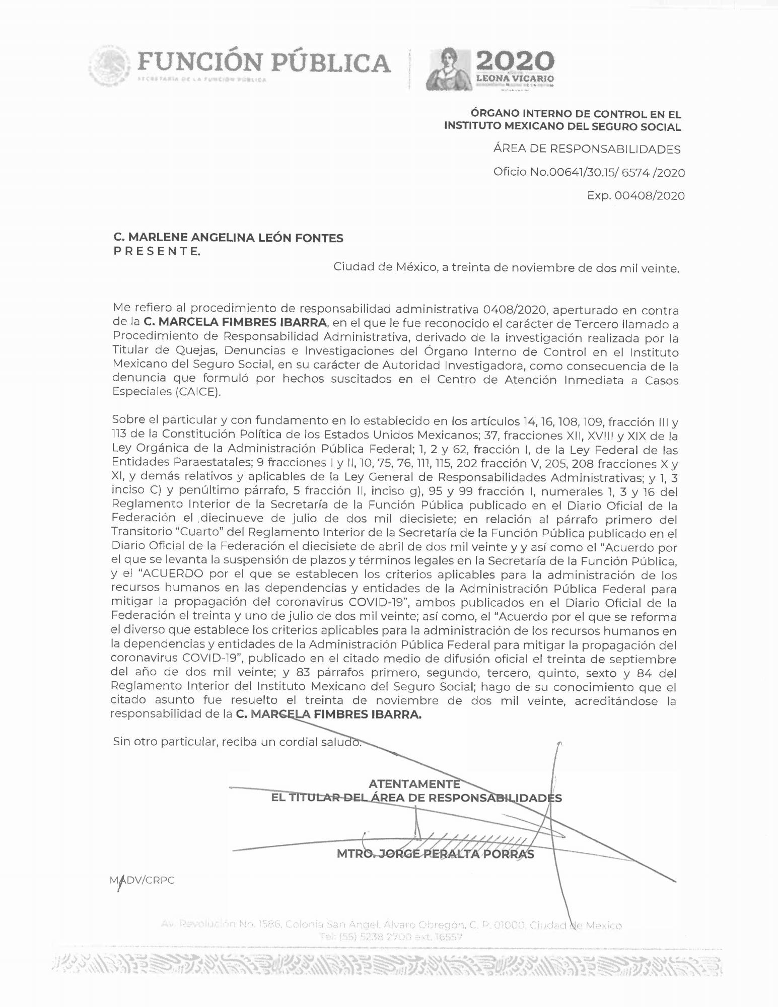 $!Documento con el que el Órgano Interno de control del IMSS comunica a Iniciativa Sinaloa que la investigación concluyó en una sanción contra Fimbres.