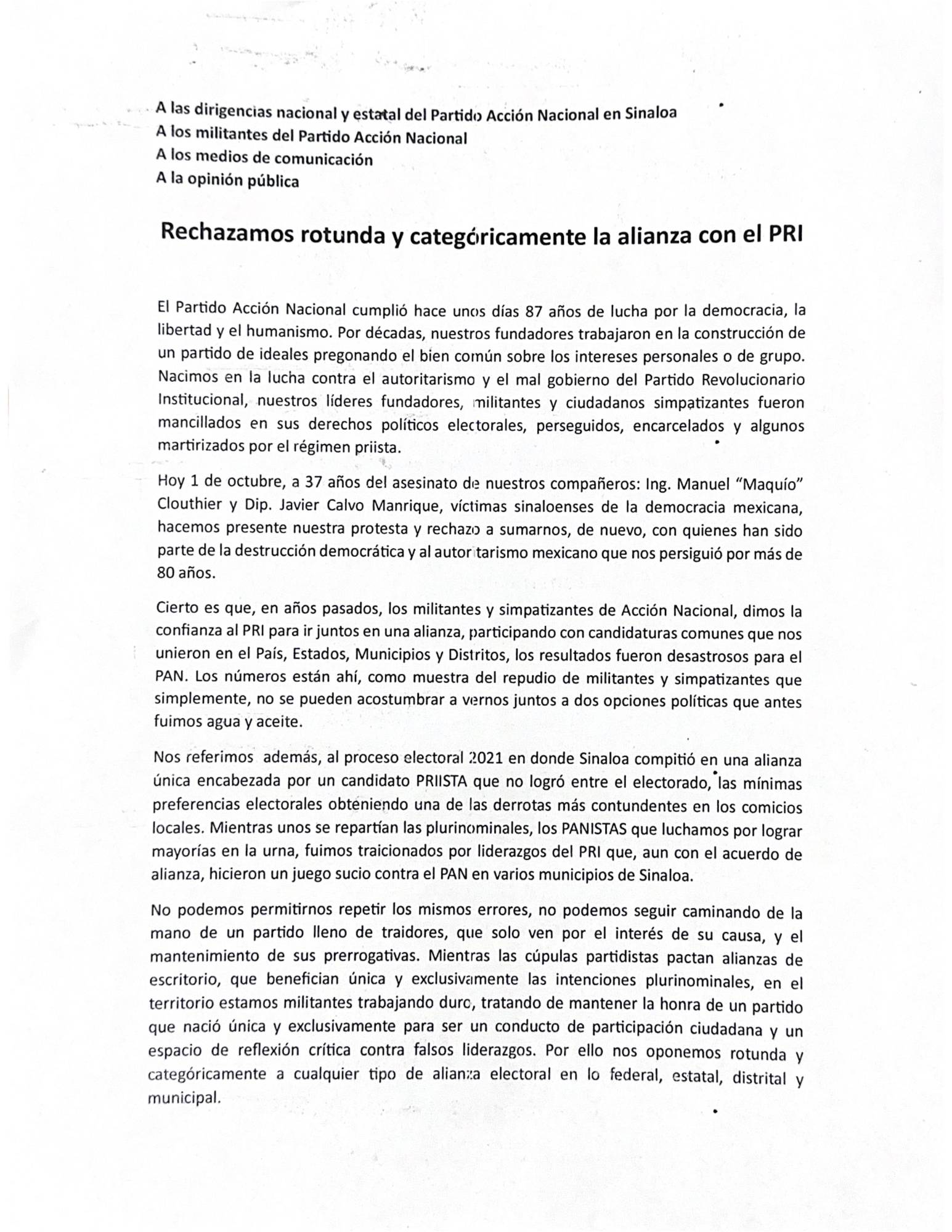 $!Panistas de Rosario rechazan alianza con el PRI en Sinaloa