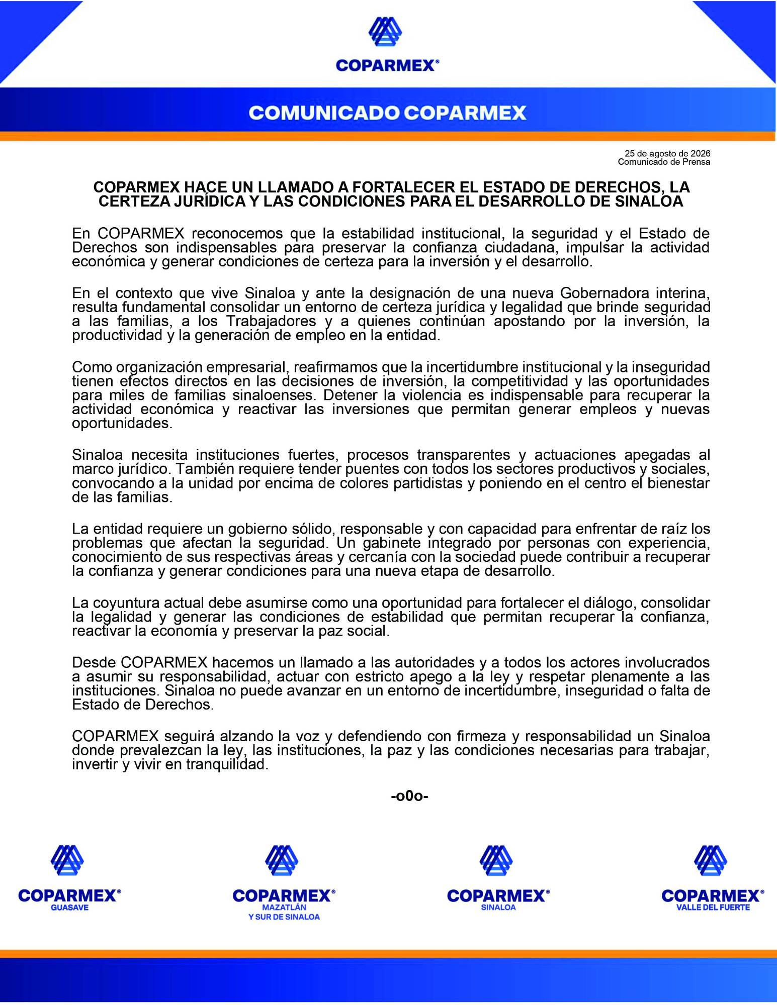 $!Llama Coparmex a consolidar un entorno de certeza jurídica y legal en Sinaloa