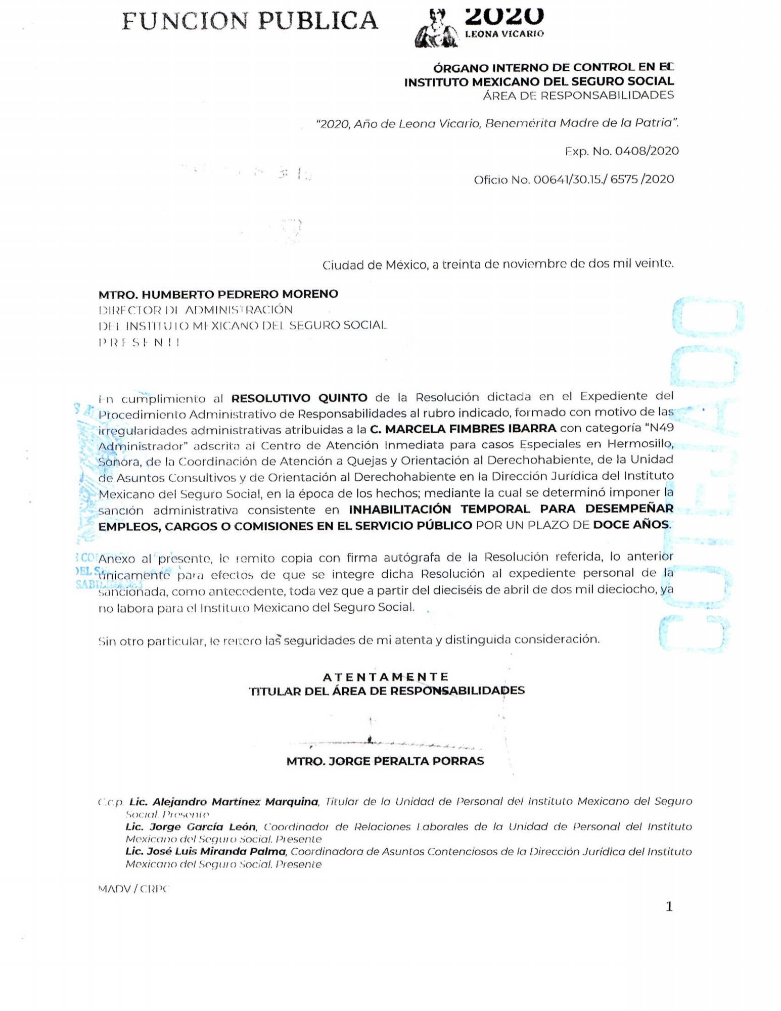 $!Documento del Órgano Interno de Control del IMSS en el que se menciona la inhabilitación de Fimbres por 12 años.